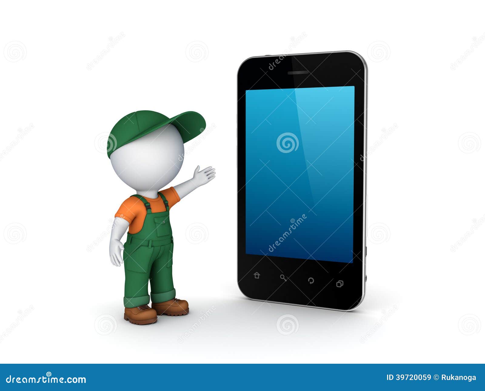 3d small person in workwear and cellphone.