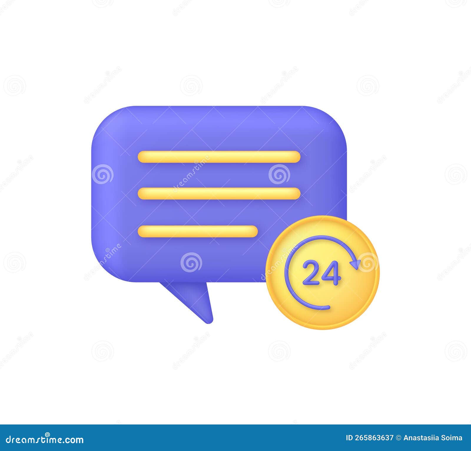 3D Speech Bubble and 24 Hours Watch with Arrow. Chatting, Support