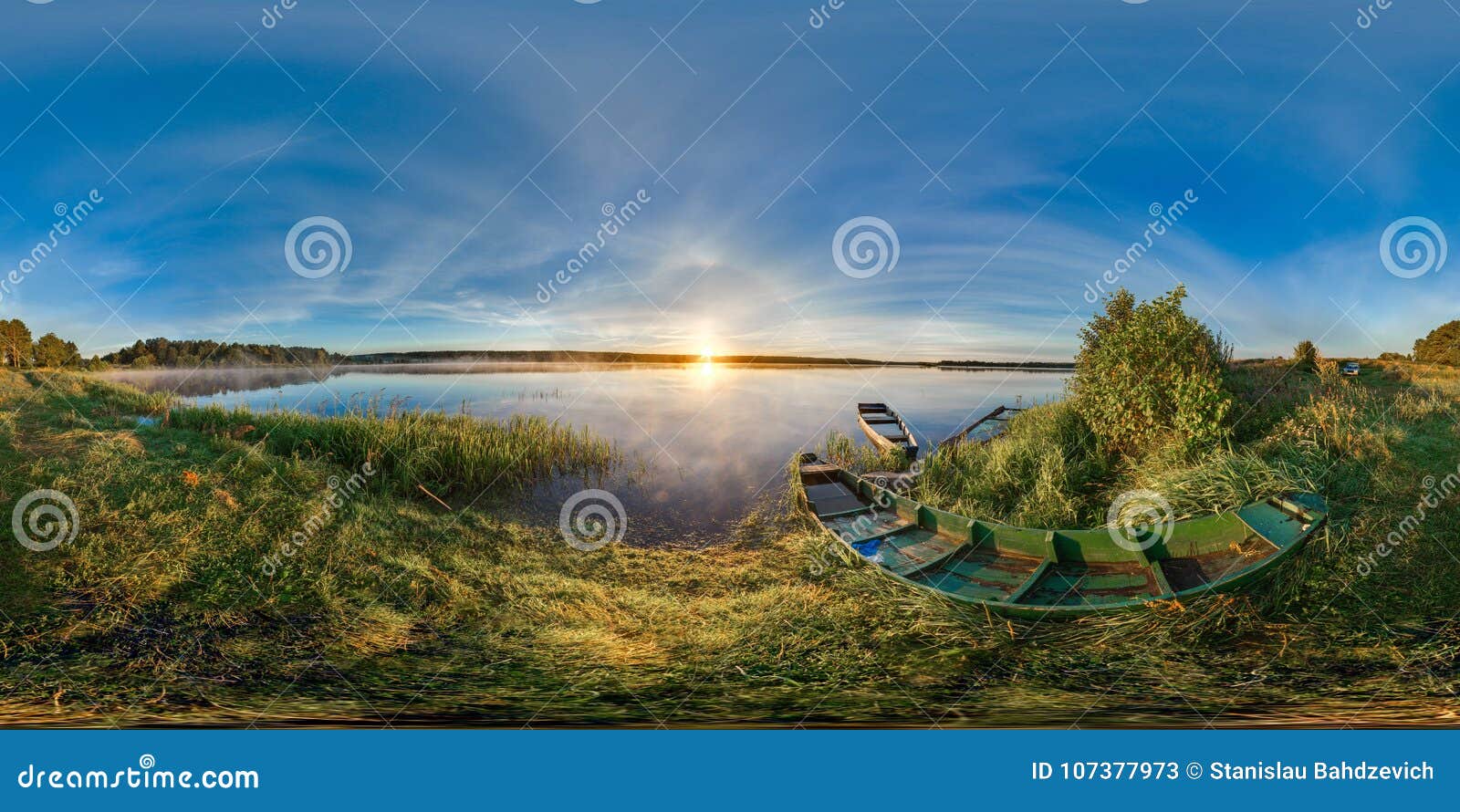 3d spherical panorama with 360 viewing angle. ready for virtual reality. sunrise at the bank of lake. boats on the bank of lake.