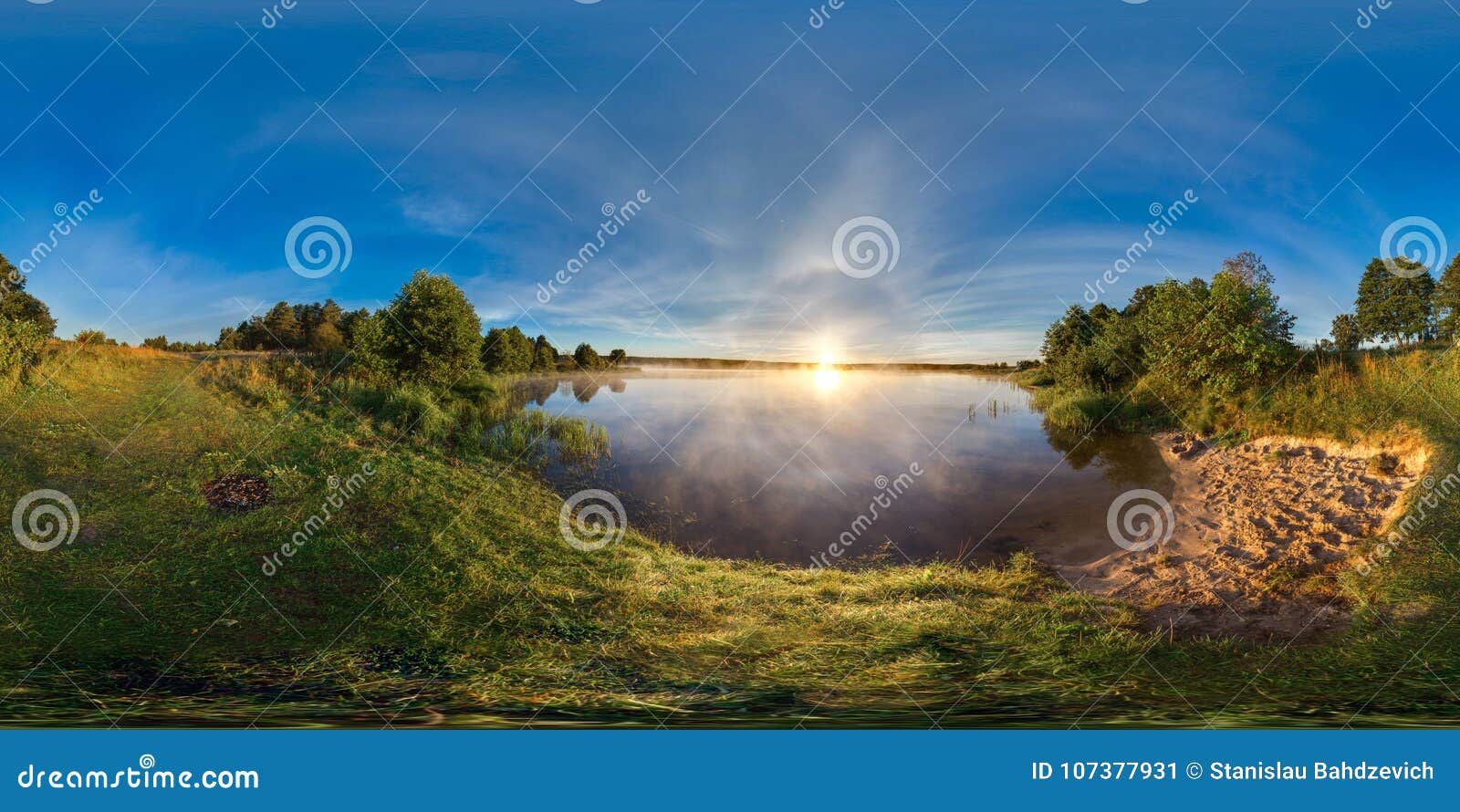 3d spherical panorama with 360 viewing angle. ready for virtual reality or vr. sunrise at the bank of lake.