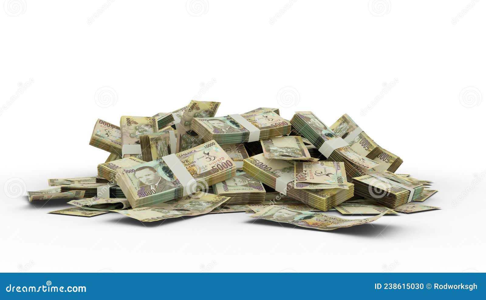 stack of 5000 jamaican dollar notes  on white background