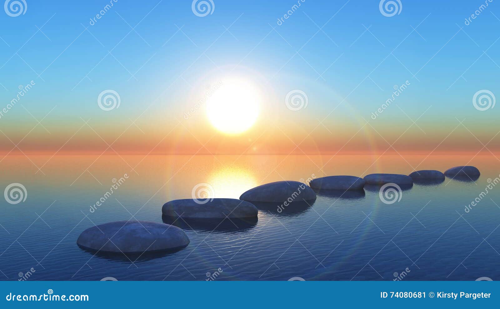 3d stepping stones in the ocean at sunset