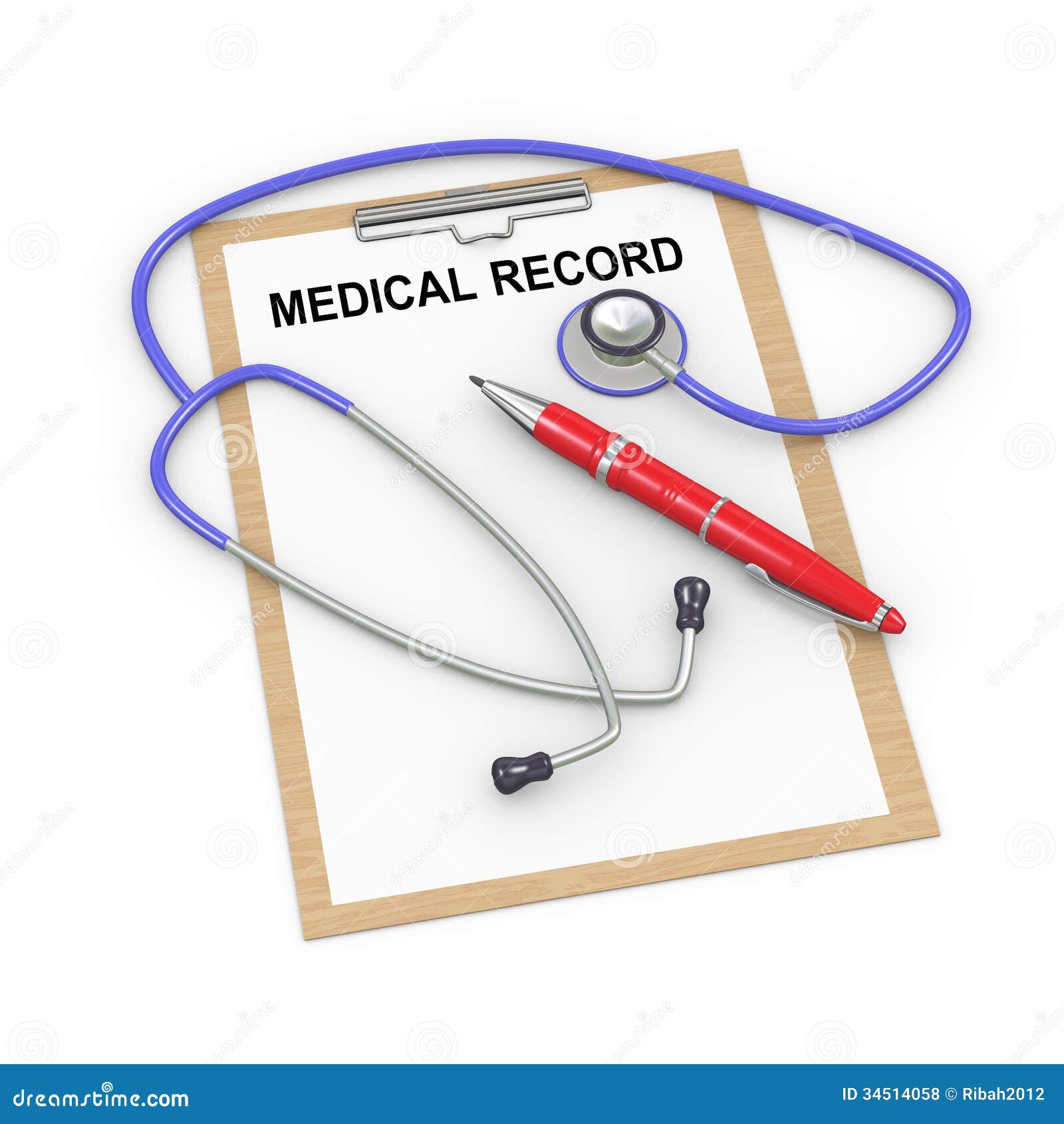  illustration of stethoscope, pen and medical history record clipboard