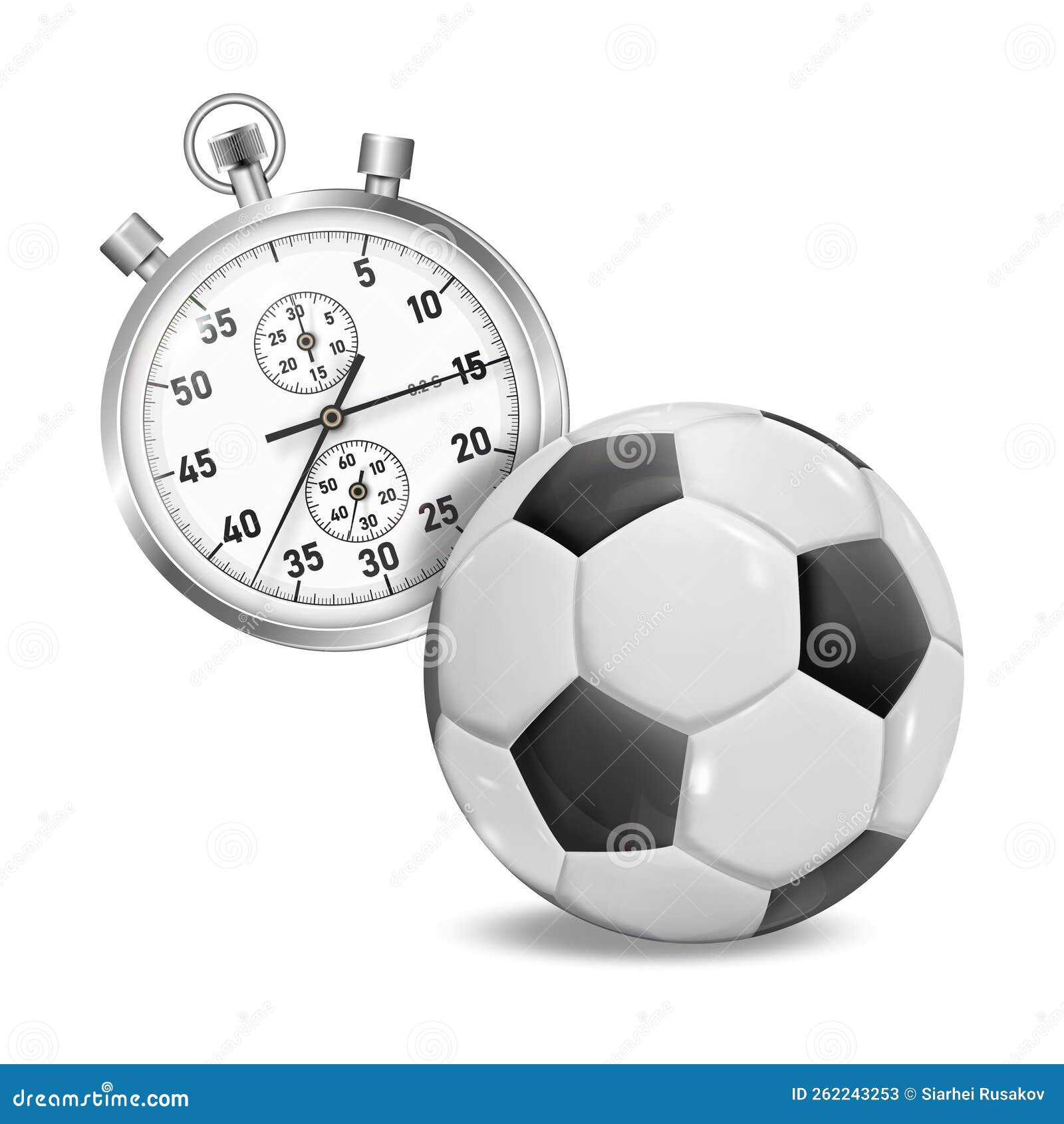 3D Stopwatch and Beautiful Soccer Ball with Shadow. Stock Vector