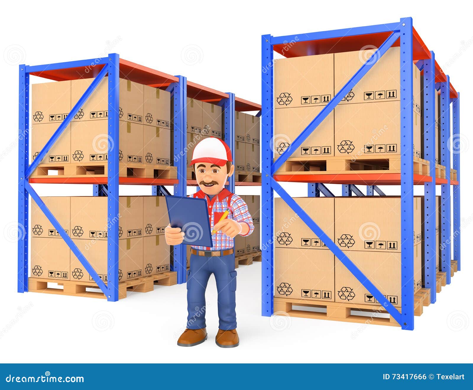 3d storekeeper checking pallets in the warehouse