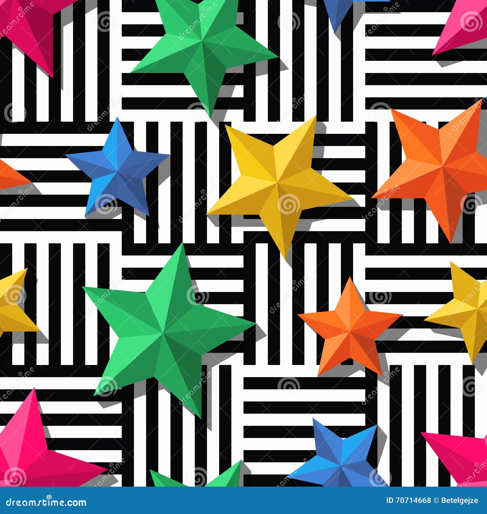 3d stylized multicolor stars on black, white striped background.