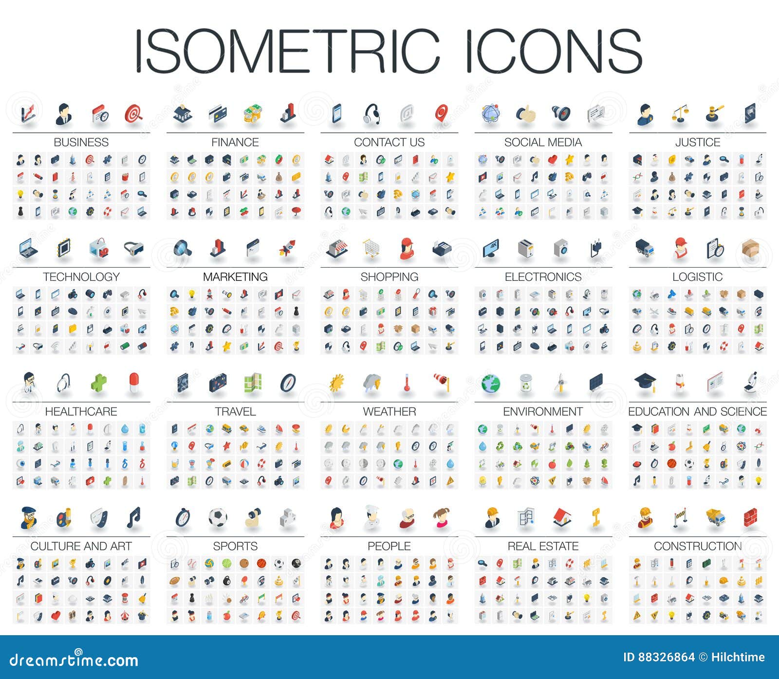 3d .  of isometric flat icons for business, bank, social media, justice, market, internet technology