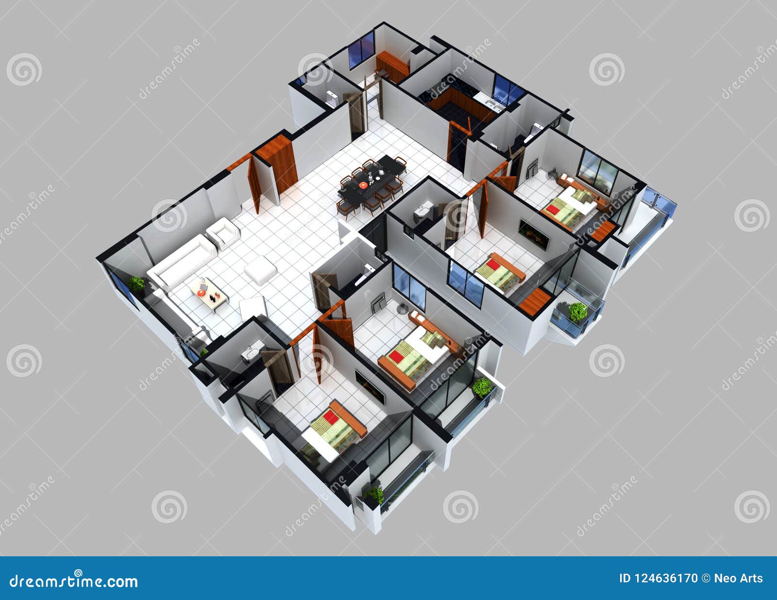 3D Vloerplan van een Woonplaats. Visualisatie van een 3d vloerplan van een woonflat