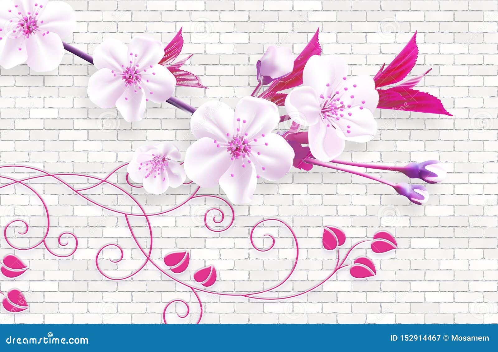 3d Wallpaper Abstract Background with Wall Bricks and Pink Flowers ...