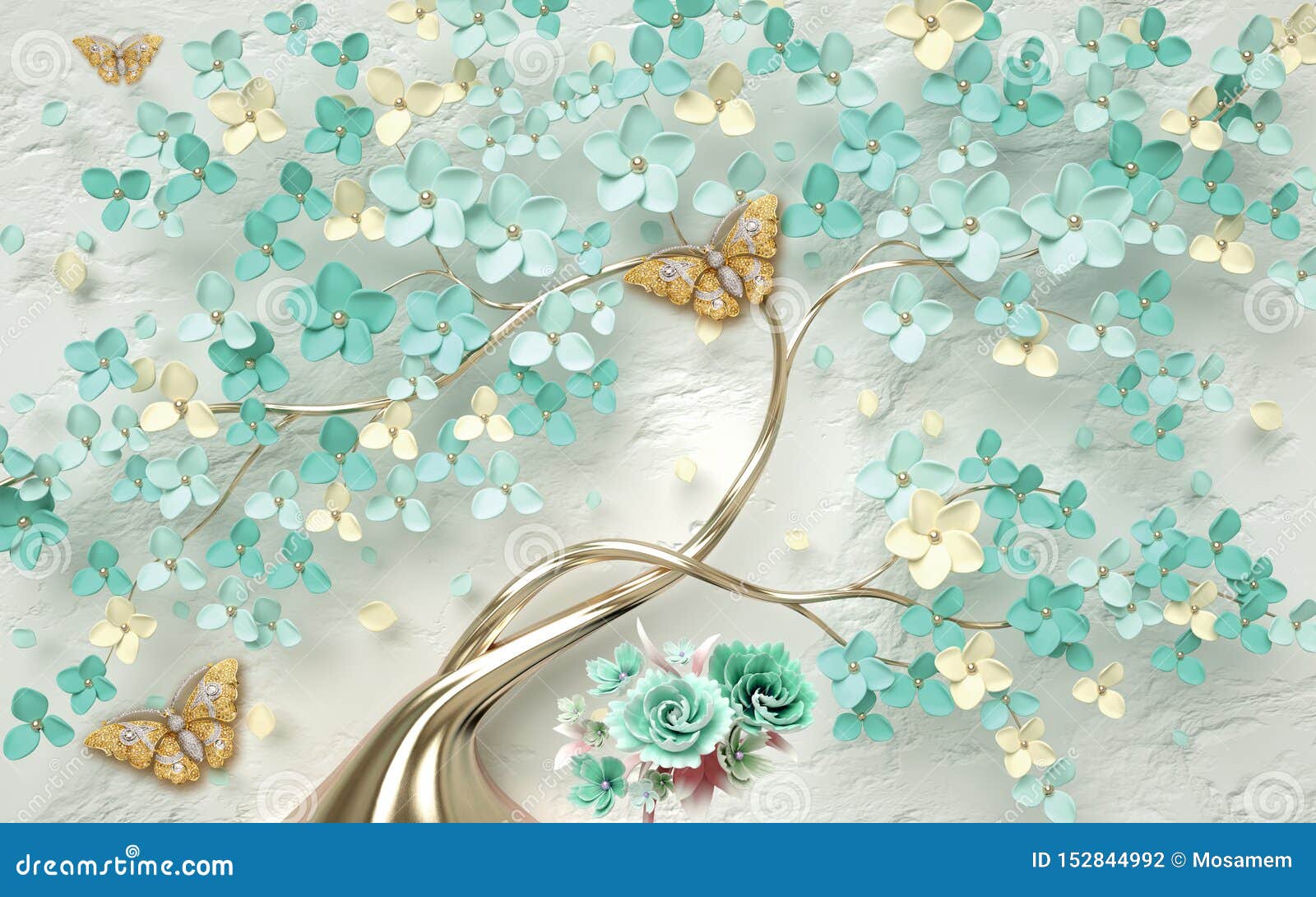 3d wallpaper abstract floral background with green flowers and golden butterfly