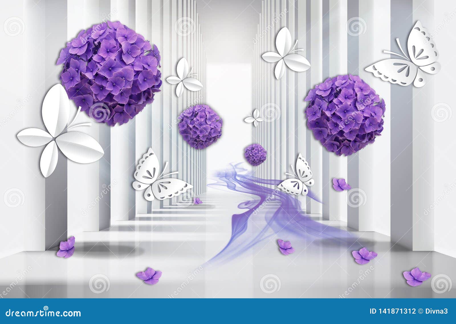 3d Wallpaper Architecture Tunnel With Purple Hydrangea Flowers