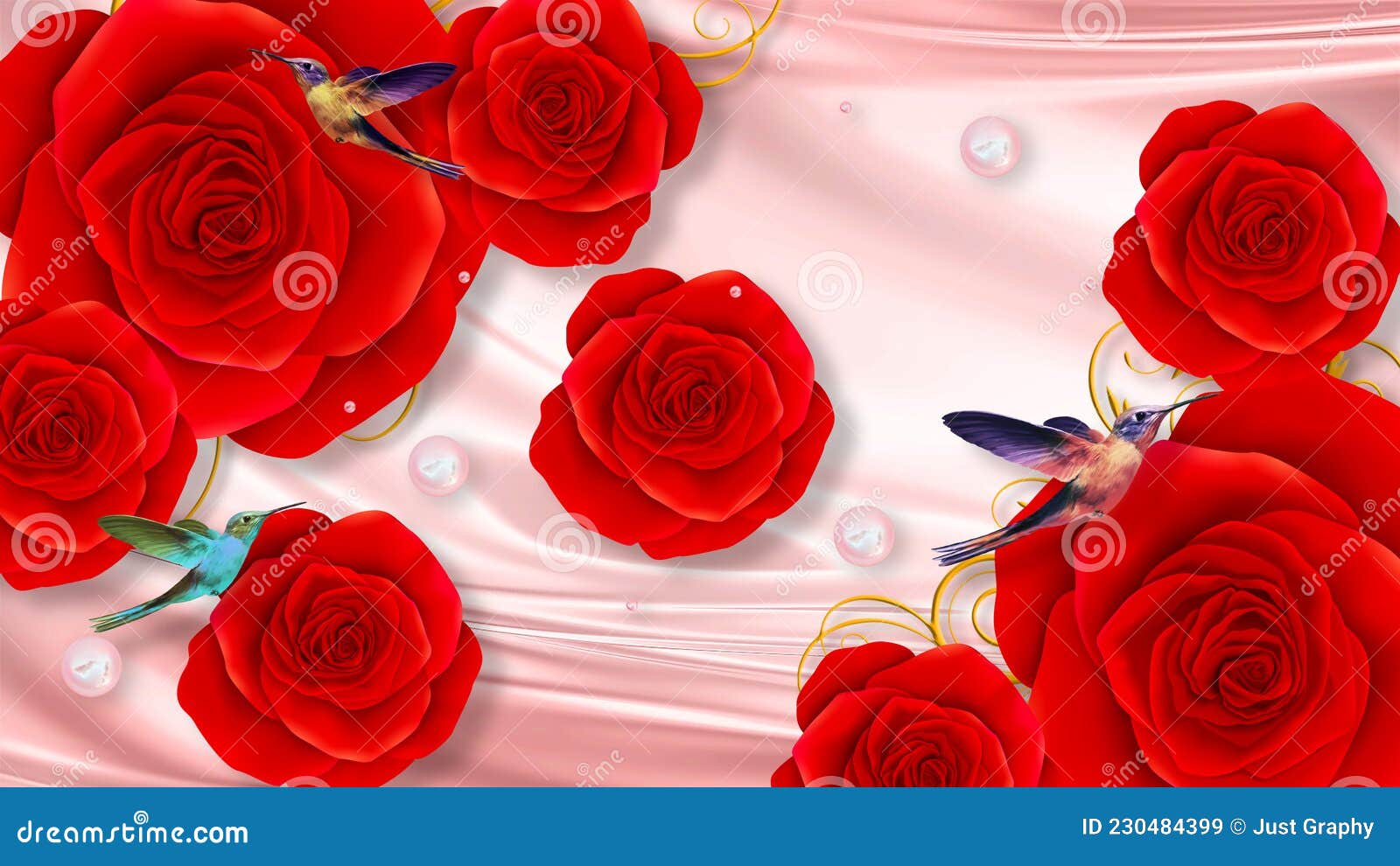 3d Wallpaper Design with Beautiful Red Rose Flower, Bird and Pearl ...