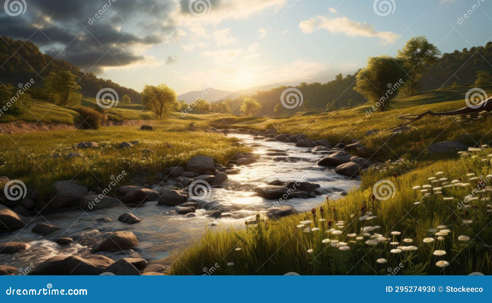 golden hour wilderness landscape with serene stream and flowers
