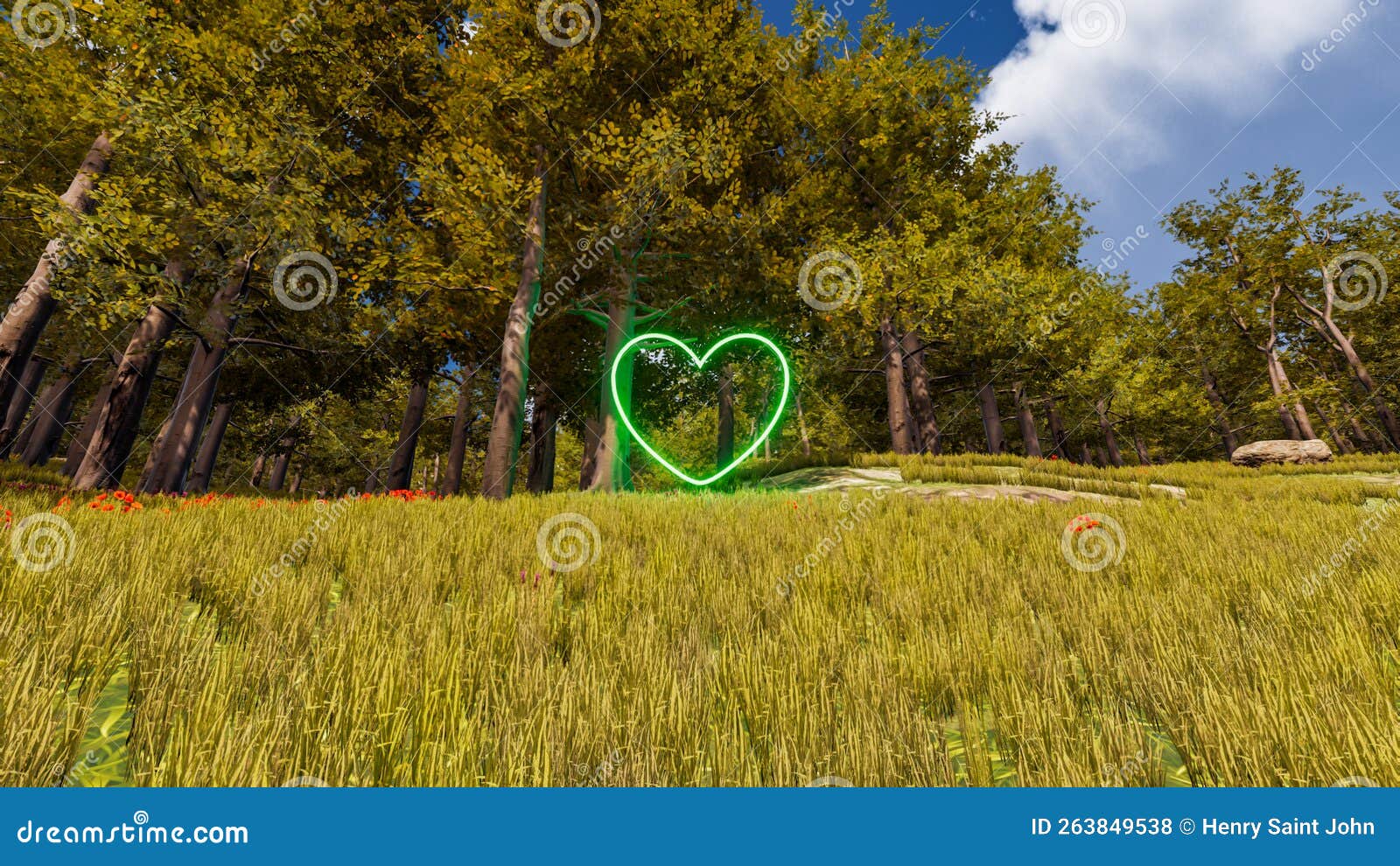 3d wallpaper with forest environment with green heart, trees and vegetation