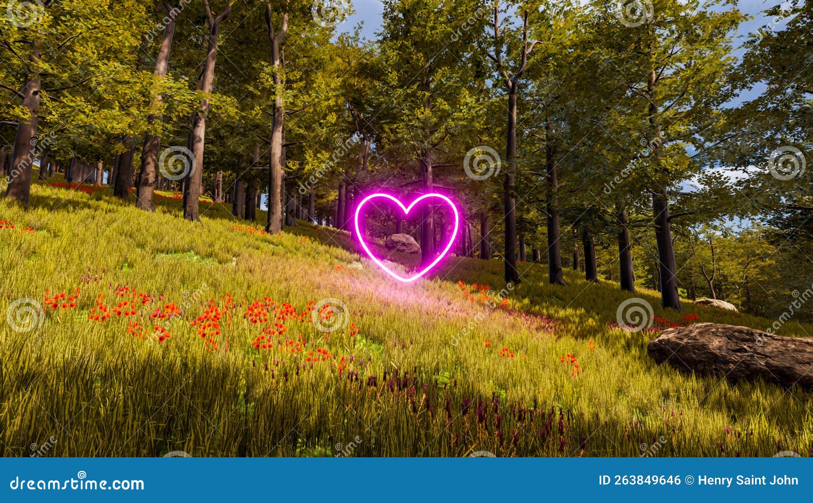 3d wallpaper with forest environment with pink heart, trees and vegetation