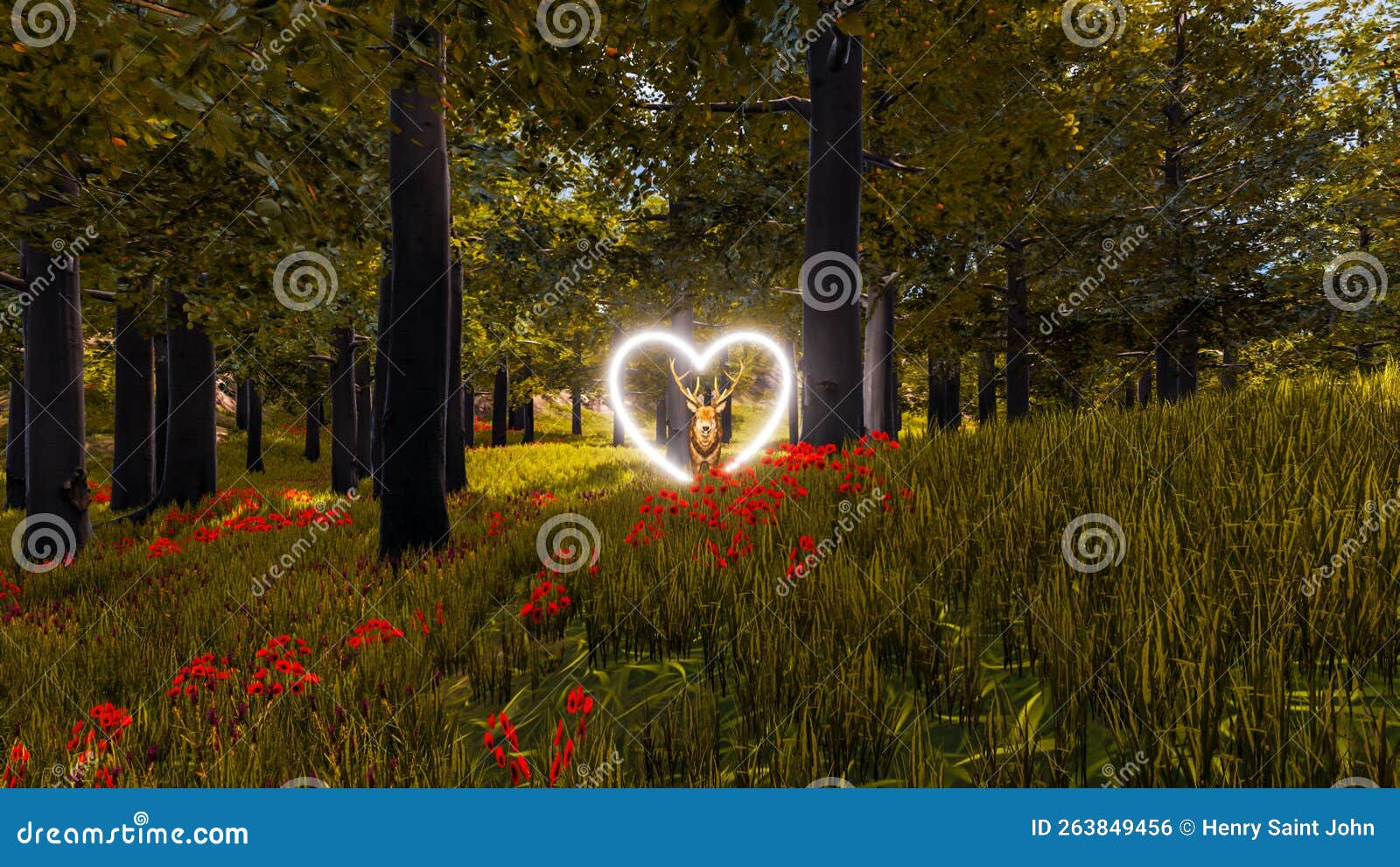 3d wallpaper with forest environment with white heart, trees and vegetation