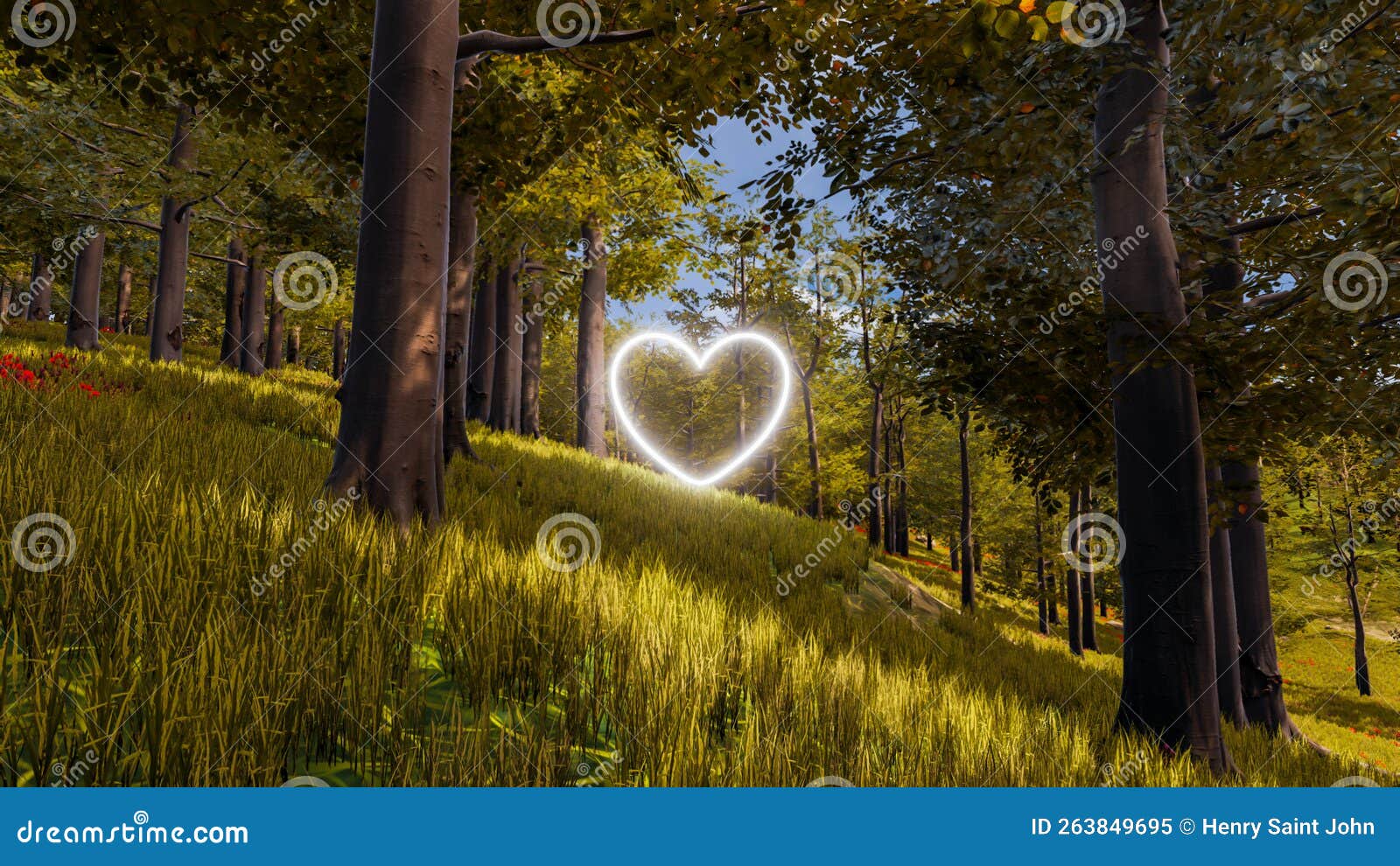 3d wallpaper with forest environment with white heart, trees and vegetation