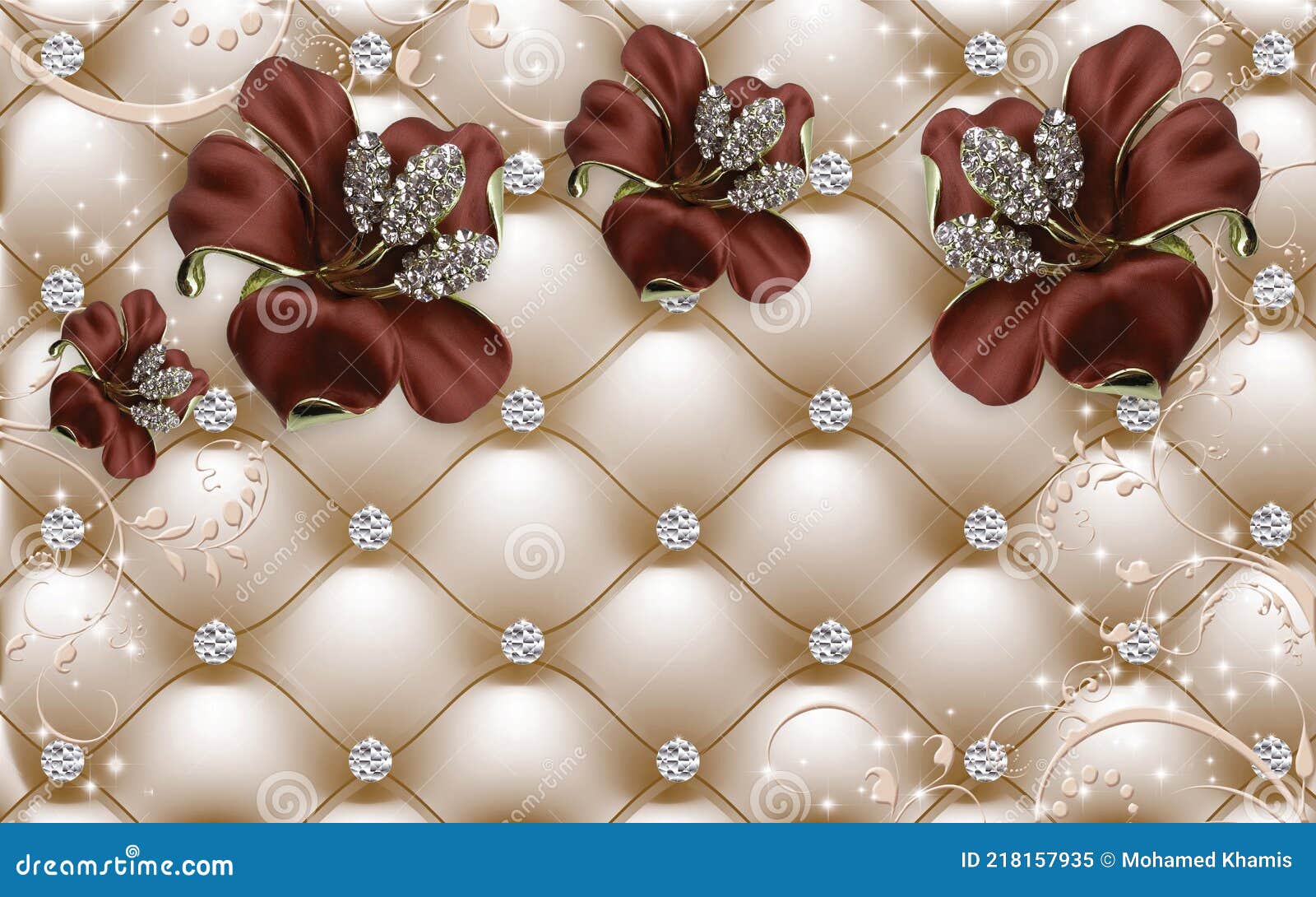 3d Wallpaper Red Jewelry Flowers on Golden Leather Background Stock Image -  Image of flowers, room: 218157935