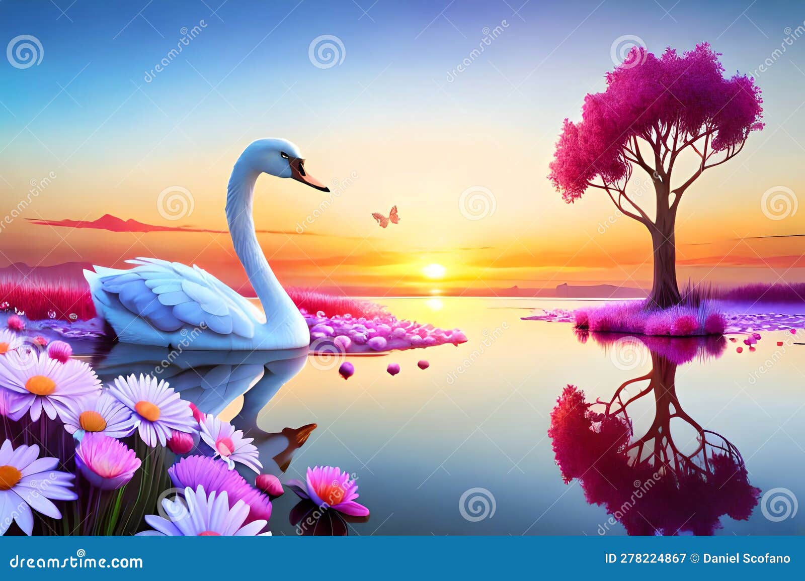3D Wallpaper Swan and Butterfly and Flower Most Beautiful on White