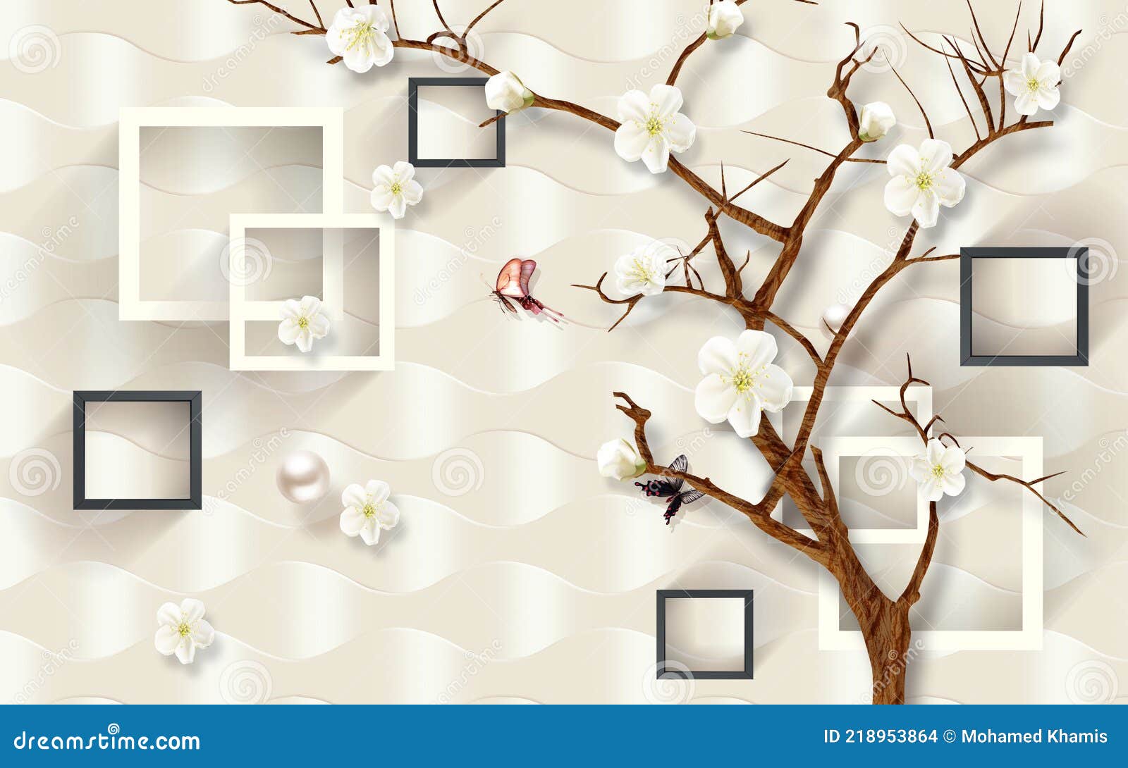 3d Wallpaper White Flowers on a Tree and a Background of Squares Stock  Illustration - Illustration of home, room: 218953864