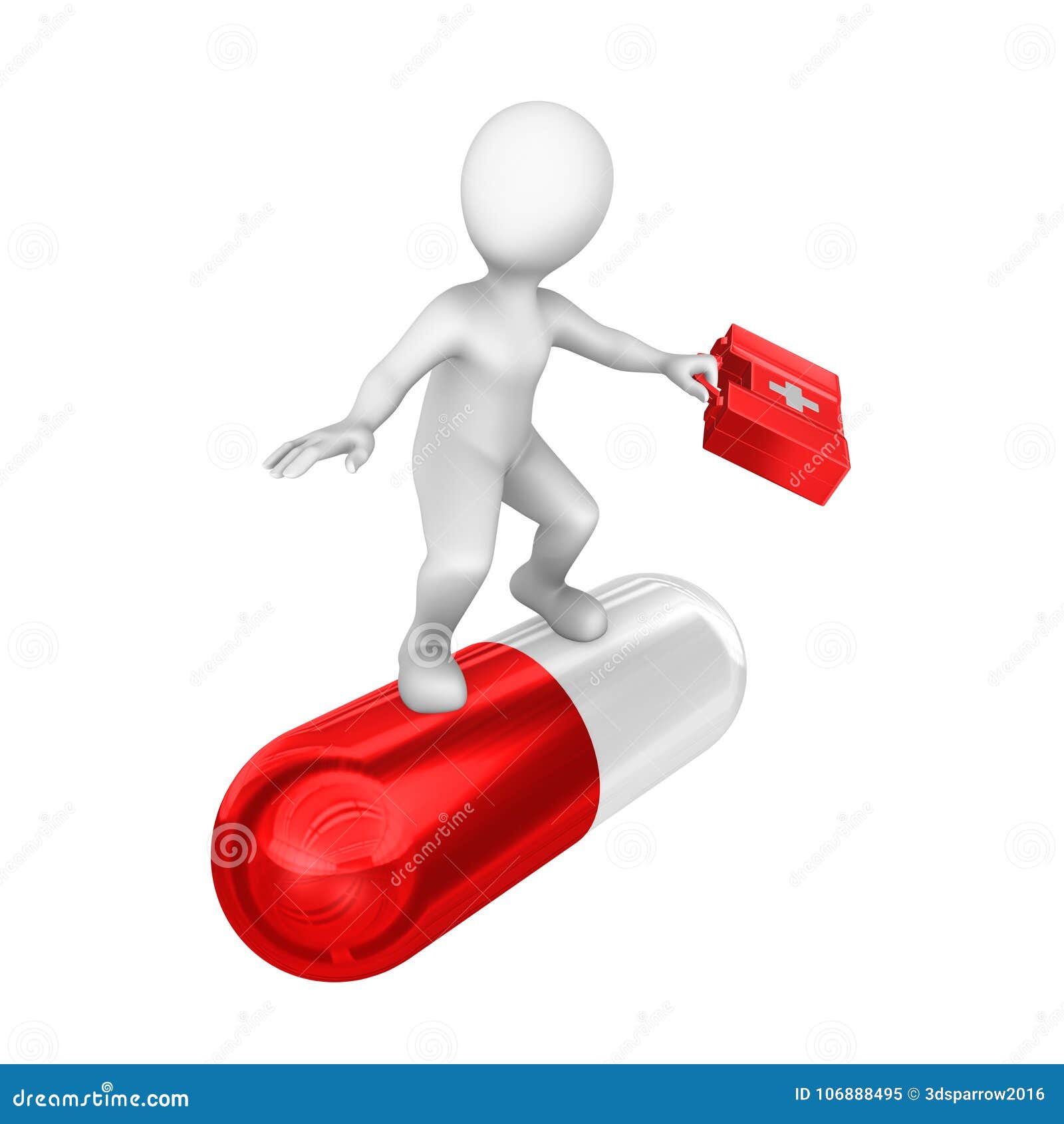 3d White Man on Big Red Pill. Stock Illustration Illustration of