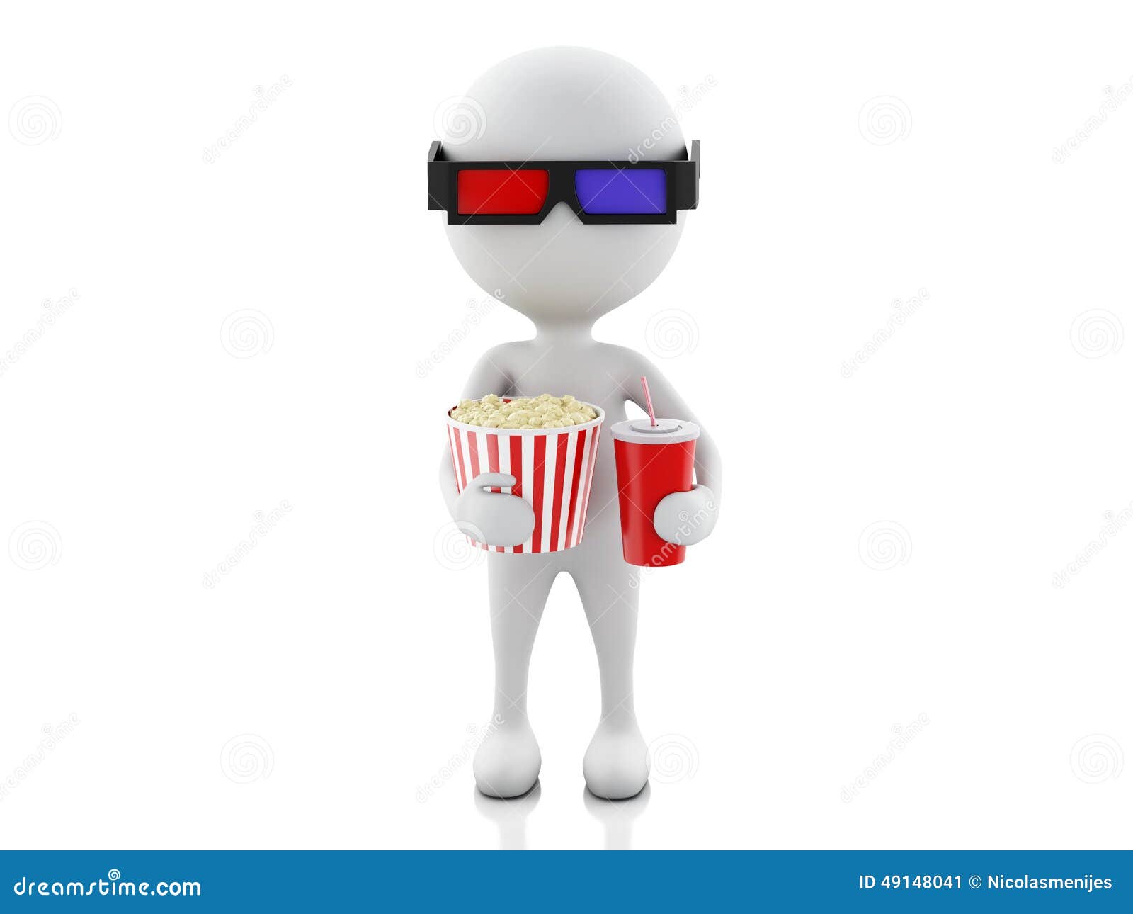 3d White Man With 3d Glasses, Drink And Popcorn. Stock Illustration
