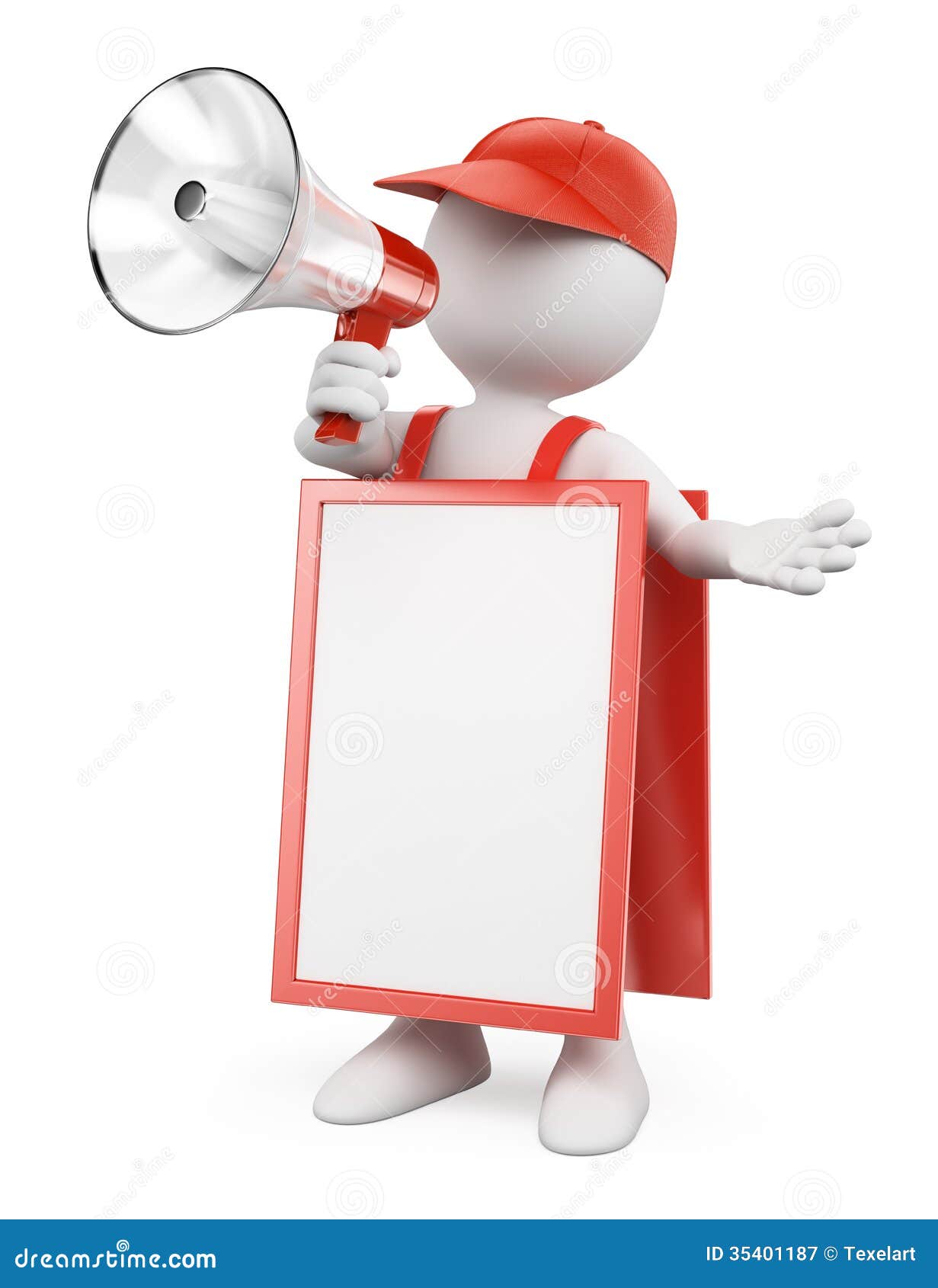 3D White People. Blank Sandwich Board Man With A Megaphone Stock