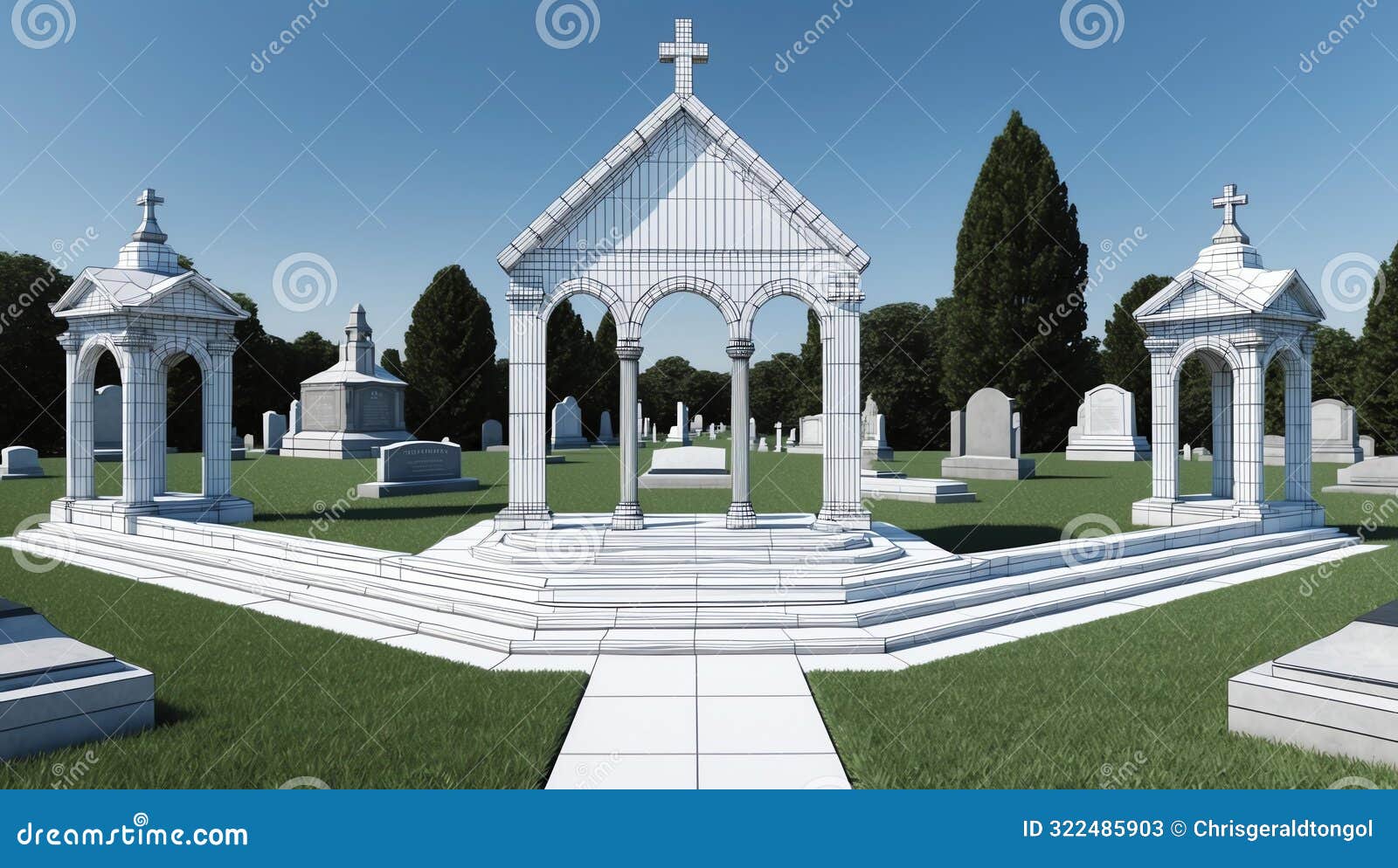 3d wireframe render of a cemetery architecture abstrac ai generated
