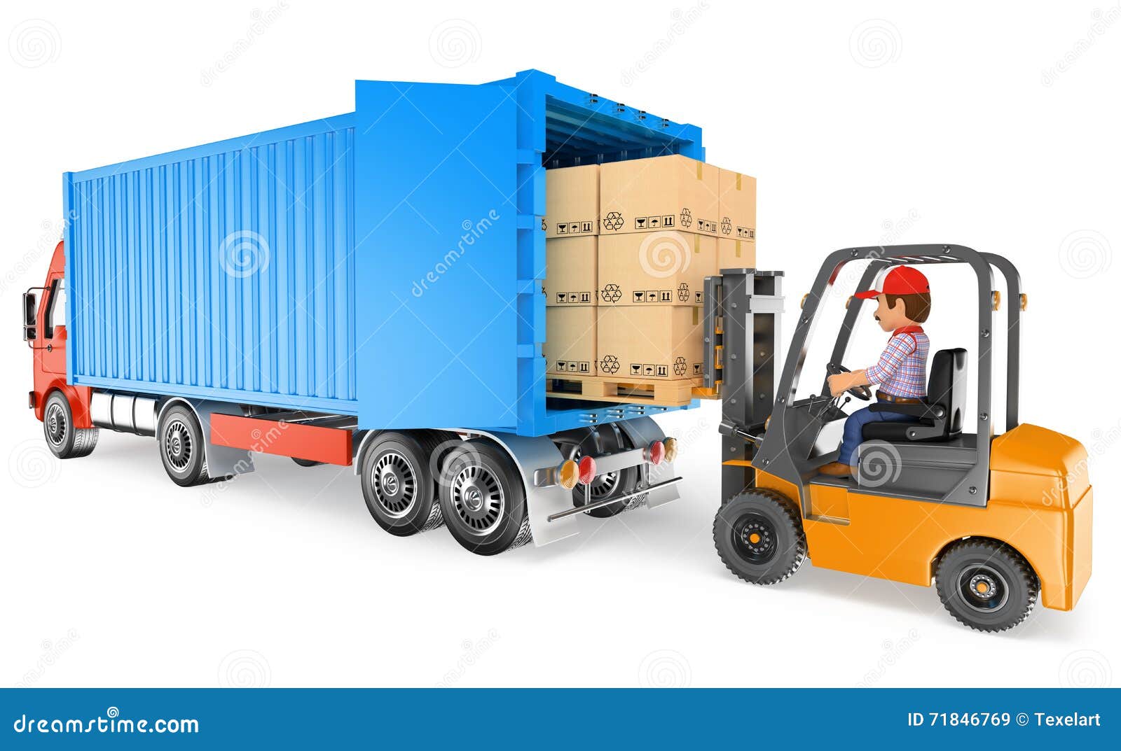 3d worker driving a forklift loading a container truck