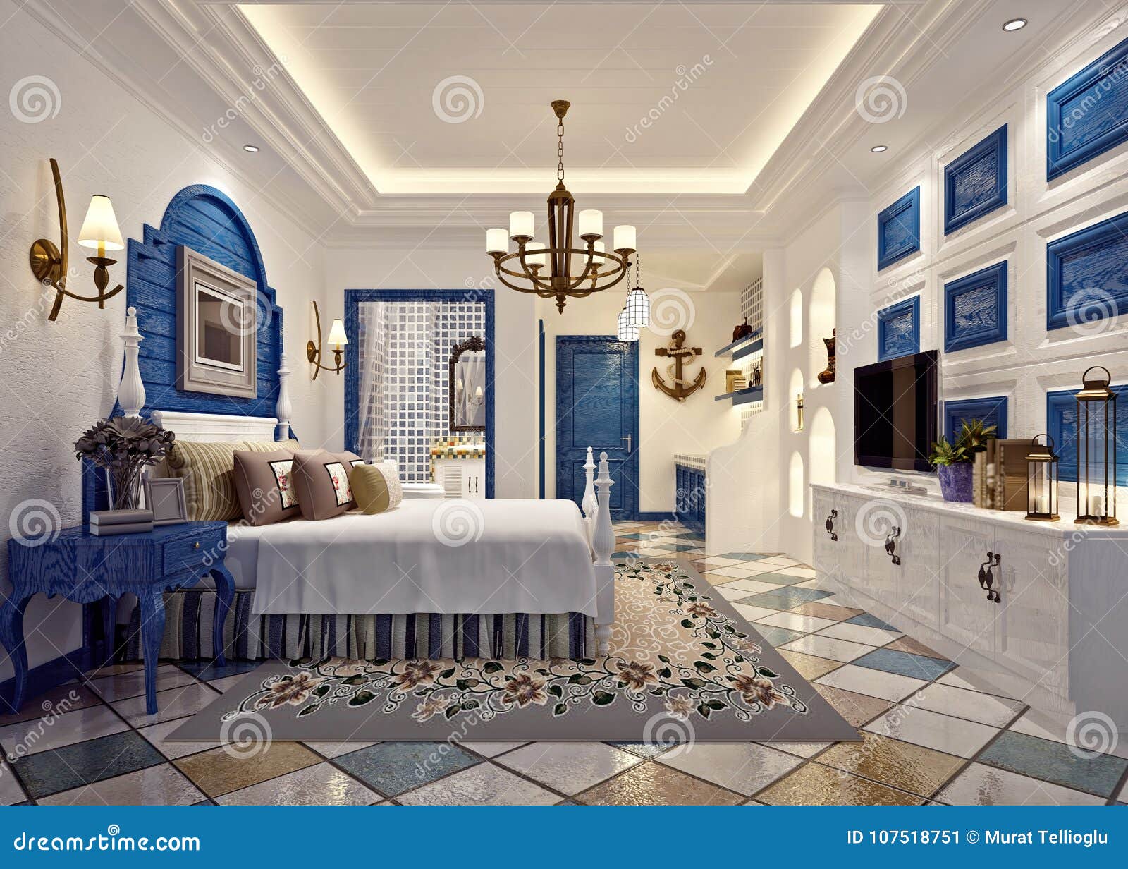 3d übertragen vom modernen blauen Schlafzimmer. 3d übertragen blaue Farbvom stilvollen Luxushotelschlafzimmer
