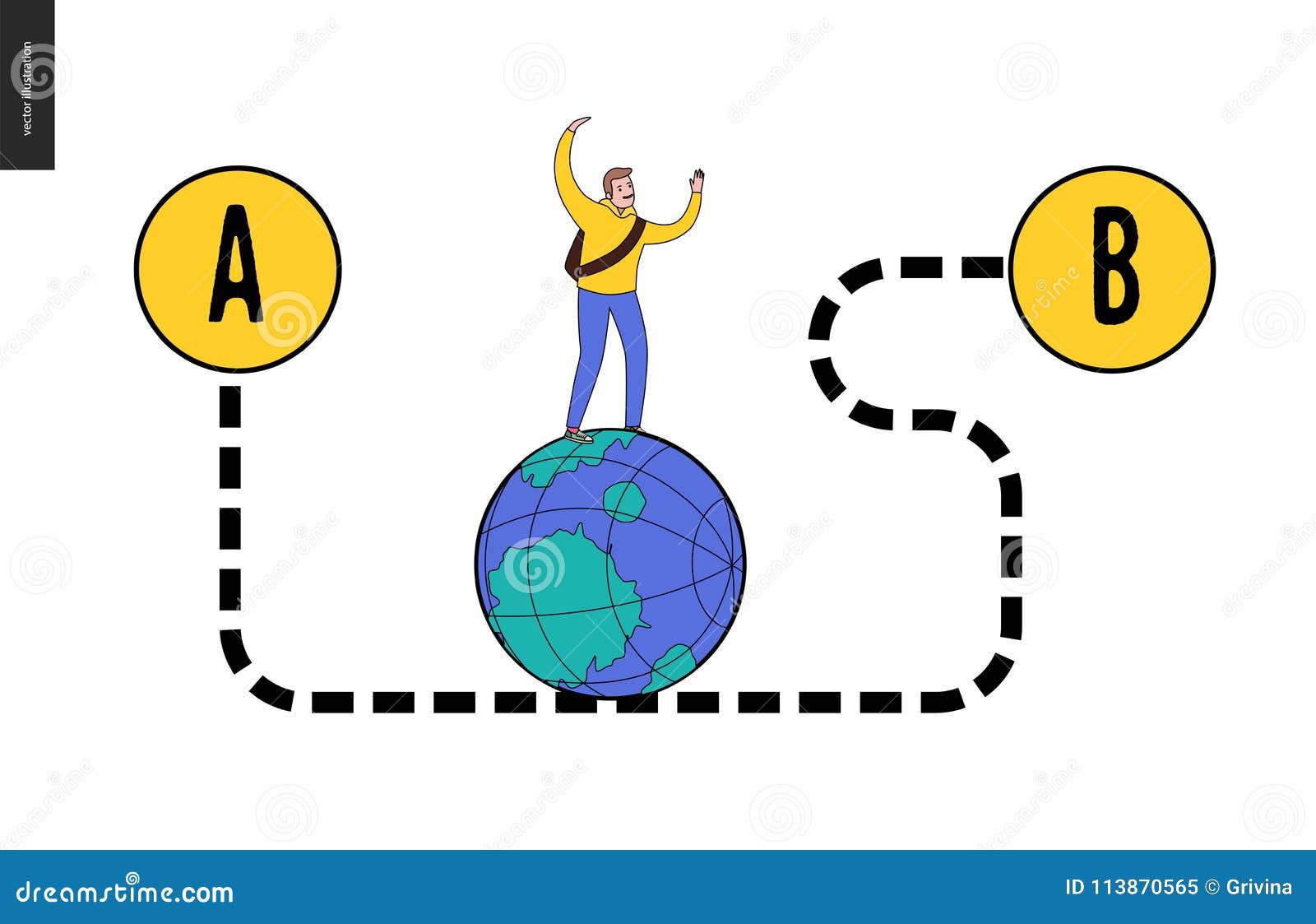 Da punto A per indicare B. Da punto A per indicare problema di B, un concetto del trasporto - un giovane viaggiatore maschio che cammina sul globo dal modo curvo tratteggiato