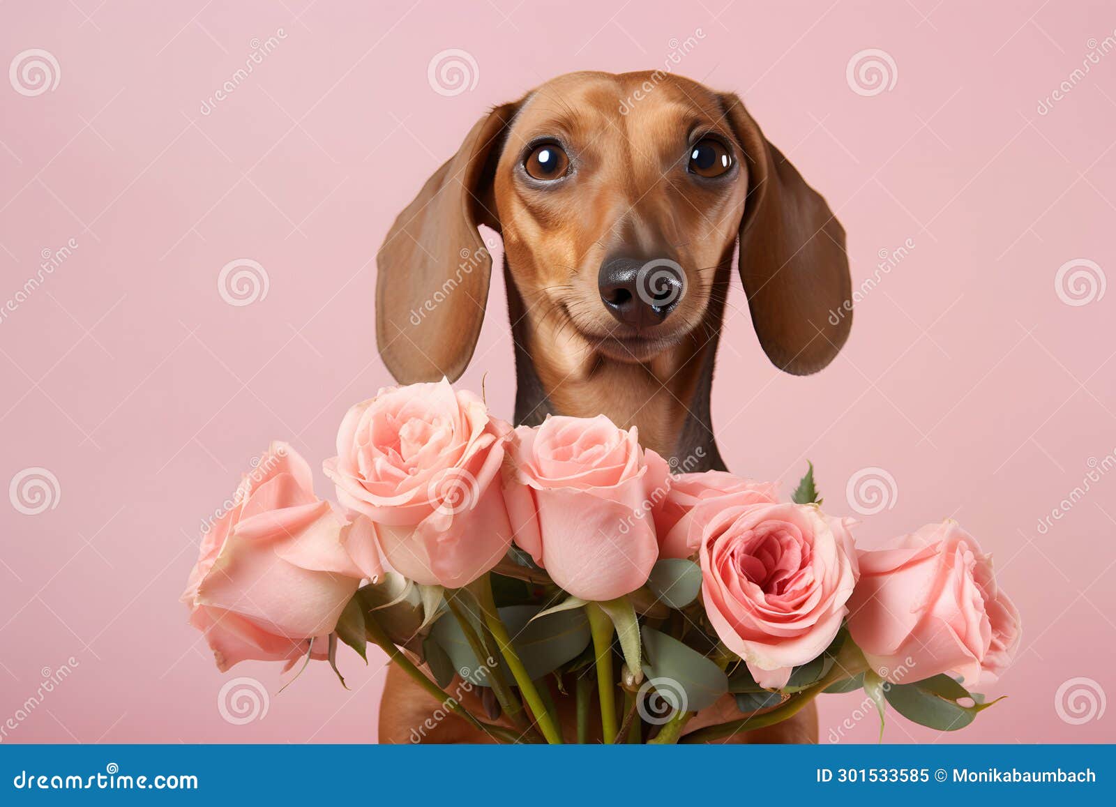 dachshund dog with rose flowers in front of pastel pink studio background