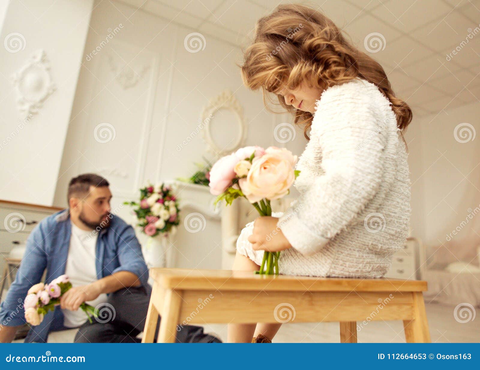 Dad Gives His Daughter Flowers Stock Image Image of looking, little
