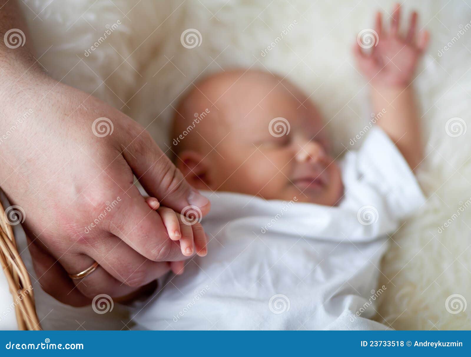 Dad Keeping Carefully Sleeping Newborn Baby Hand Stock Photo Image of