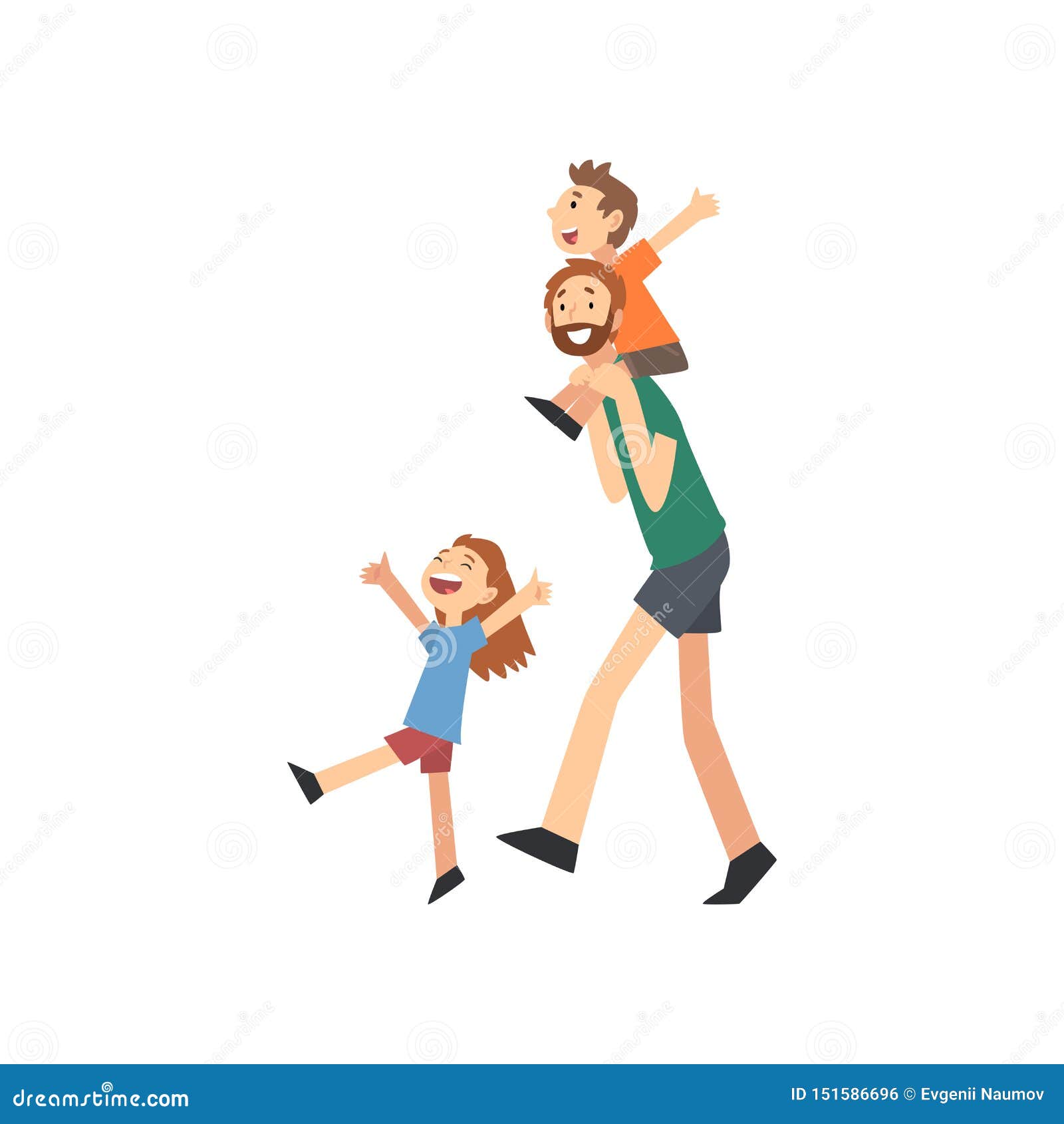 dad and son spending good time together, dad carrying son on his shoulders, happy family concept cartoon 