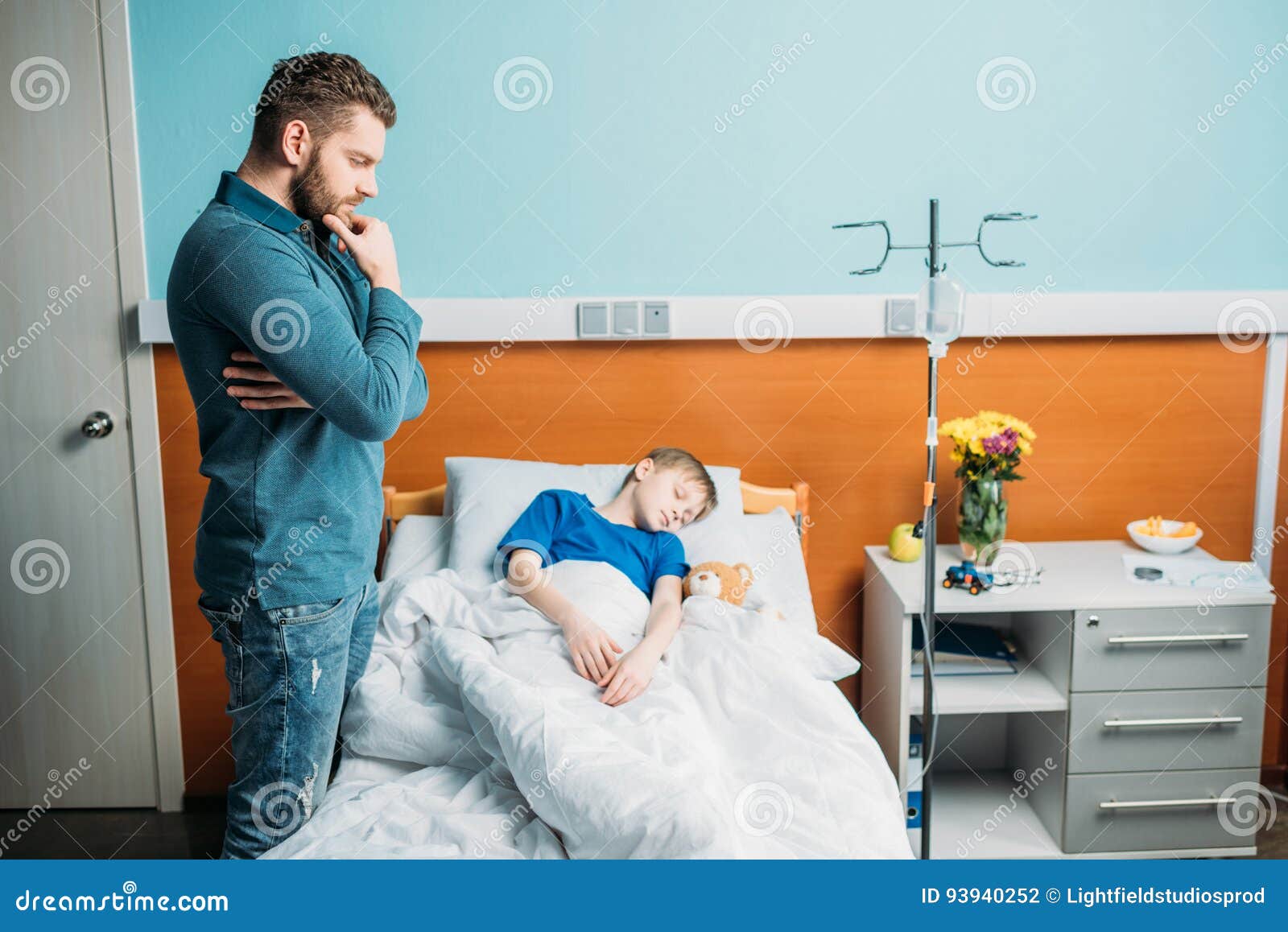 Dad Standing Near Sick Son in Hospital Bed Stock Photo Image of