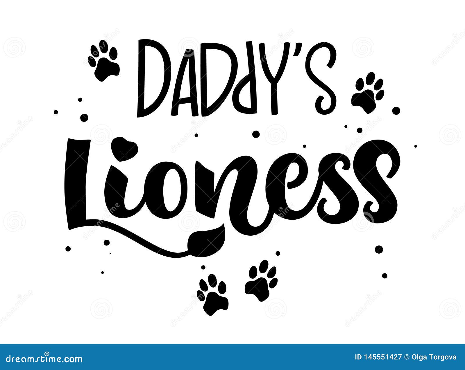 Little Lion hand draw calligraphy script lettering whith dots, splashes and tiger's footprints decore. Stock Vector