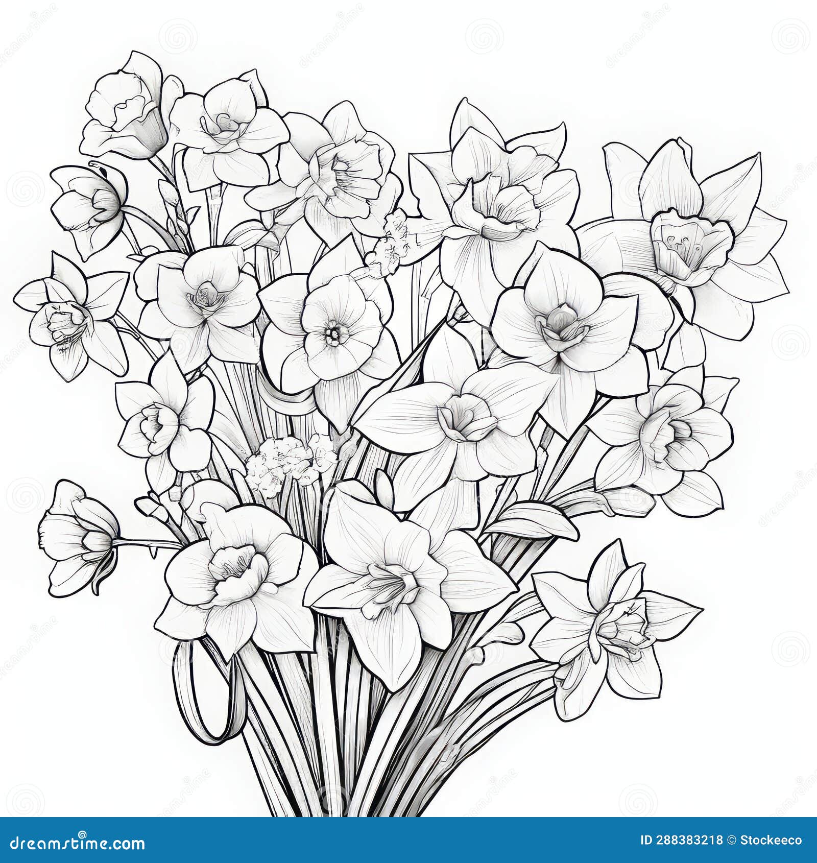 Daffodil Line Art Coloring Pages: Top-down Perspective Bouquet Stock ...