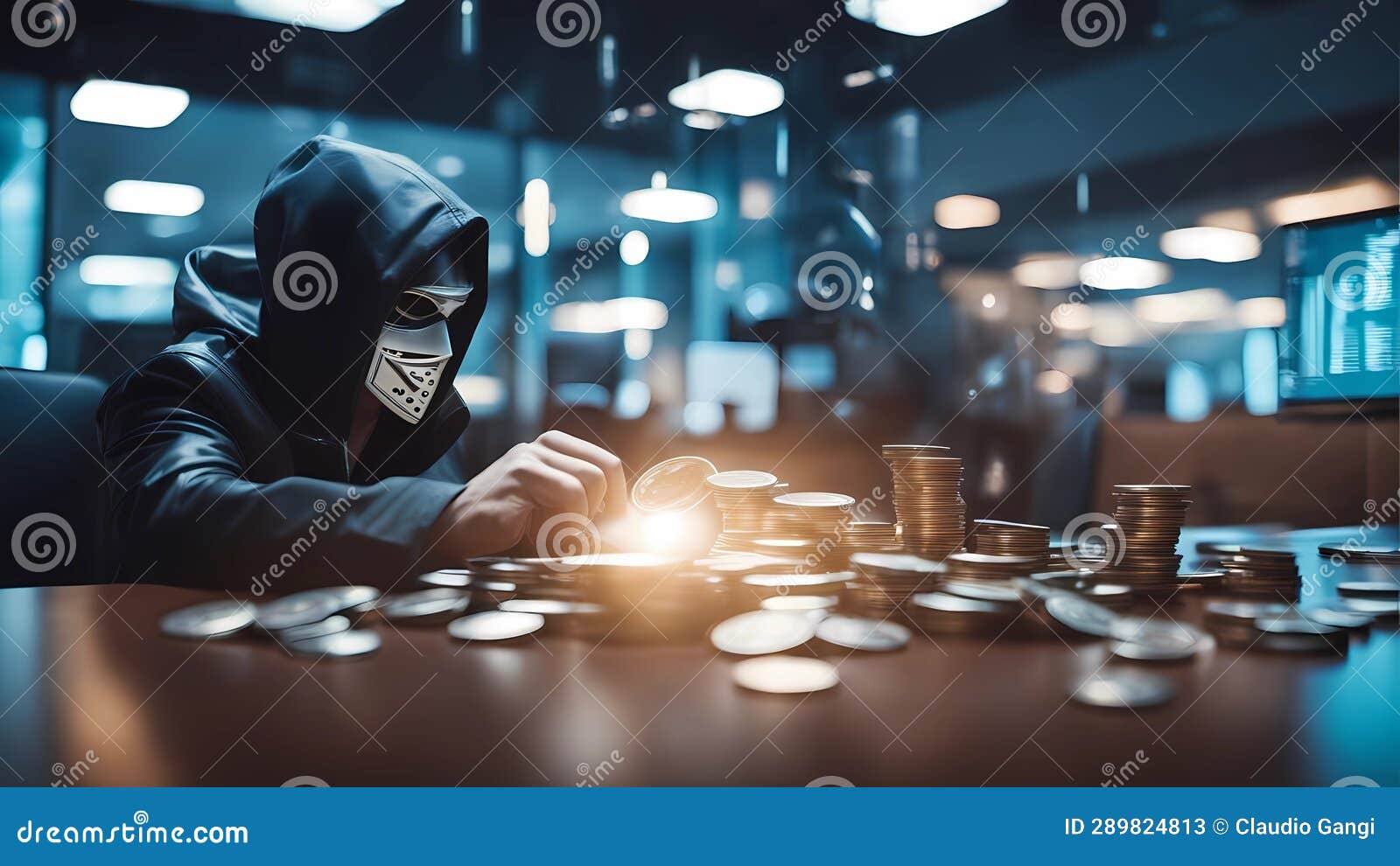 dagerous hacker stealing money inside a server room