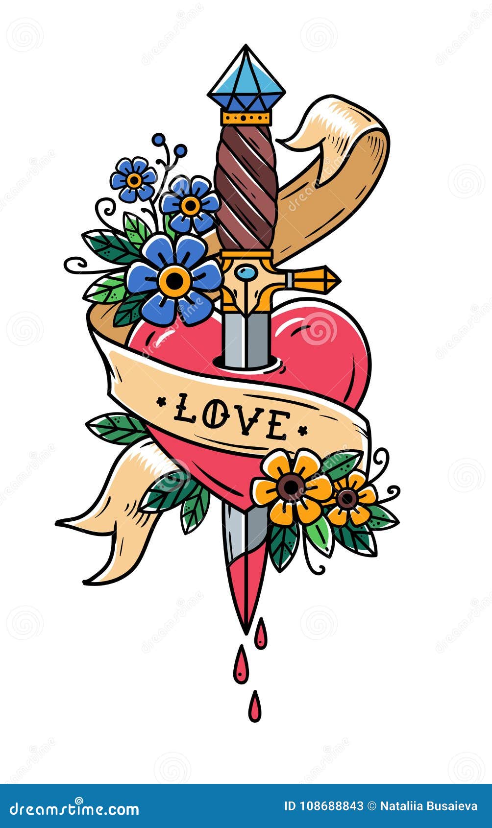 Dagger Piercing Heart with Dripping  Stock Vector - Illustration  of love, drawing: 108688843