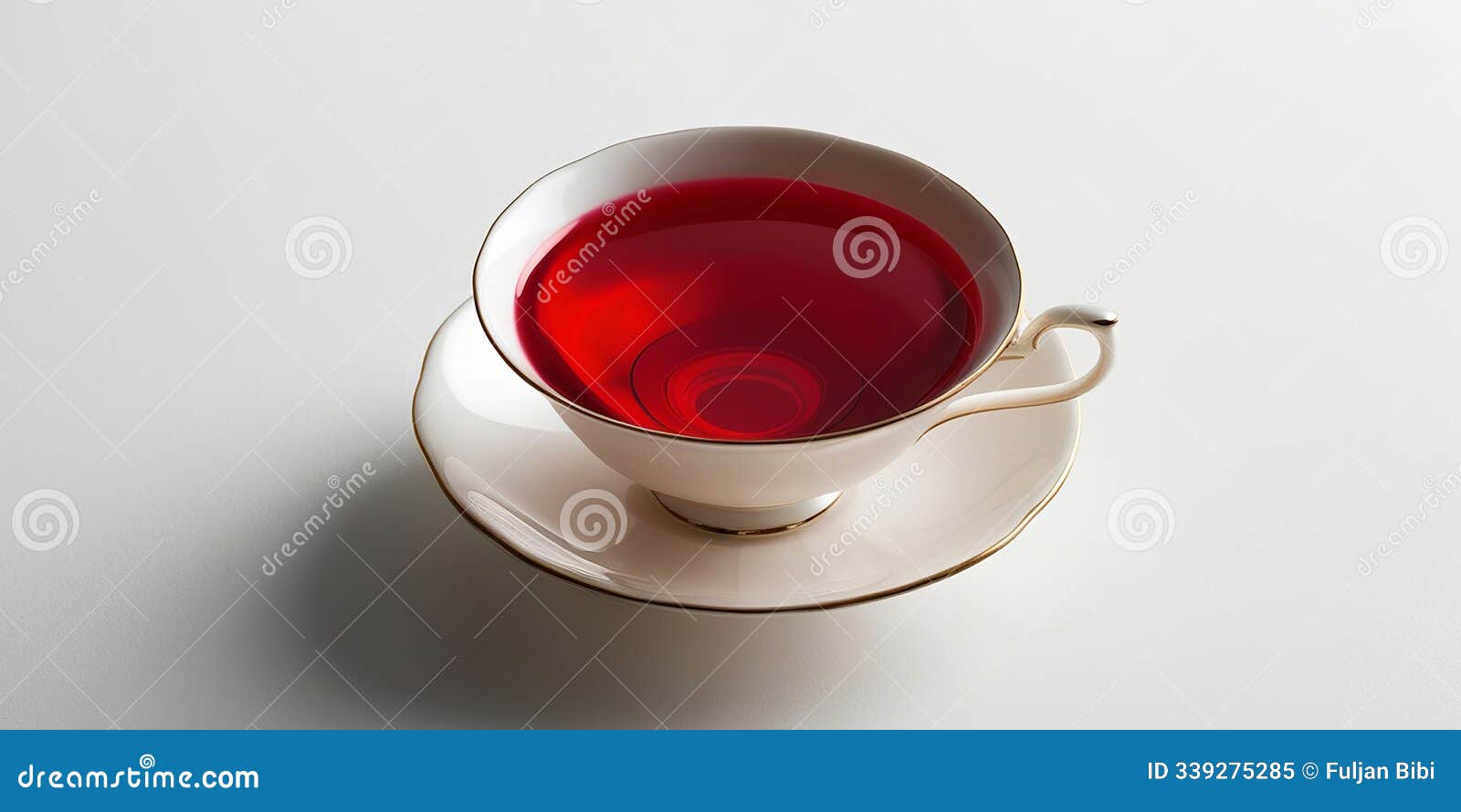 a dainty teacup with luminous crimson liquid, set against a pristine white background, highlighting its delicate curves