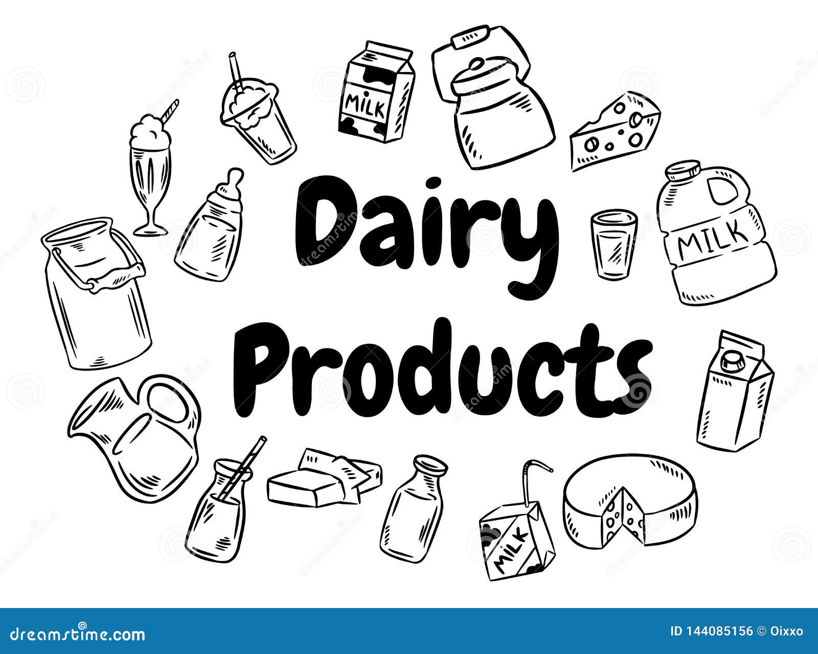 dairy products black and white doodles set.  illlustration