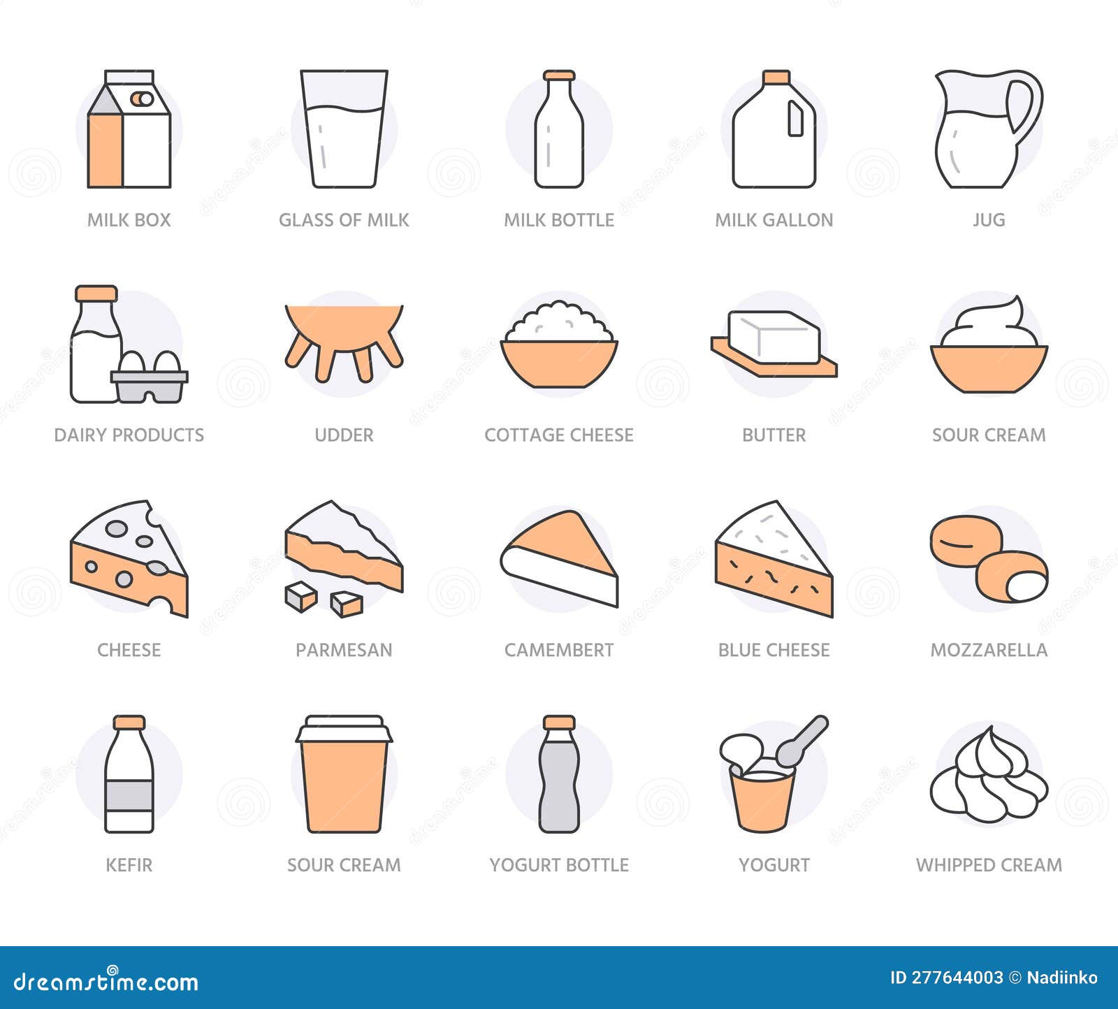 dairy products line icon set. jug, kefir, eggs, cow udder, cottage cheese, bottle, yogurt, cheddar minimal 