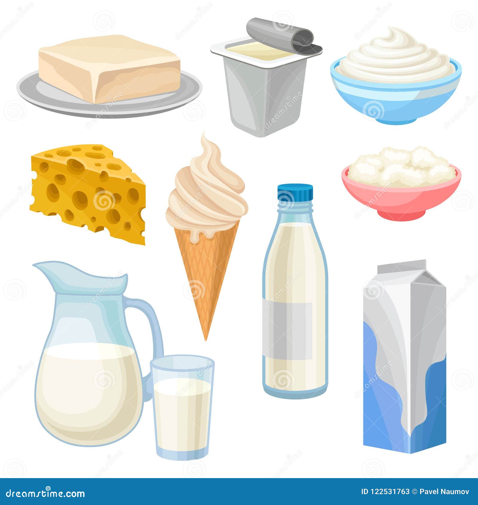 Dairy Products Set, Butter, Yogurt, Bowl of Sour Cream and Cottage
