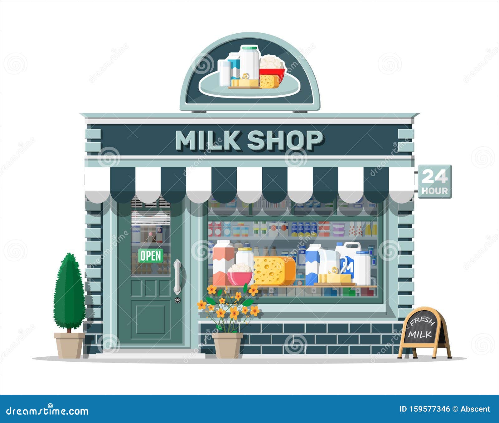 dairy store or milk shop with signboard, awning.