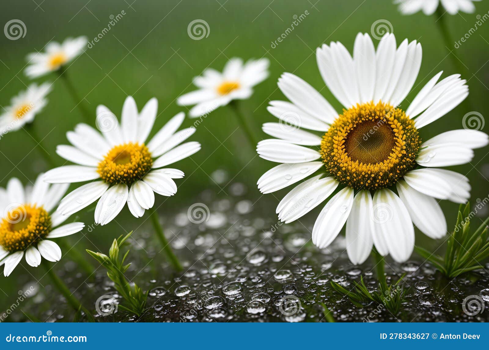 Daisies after the Rain, with Raindrops. Generative AI. Stock Image