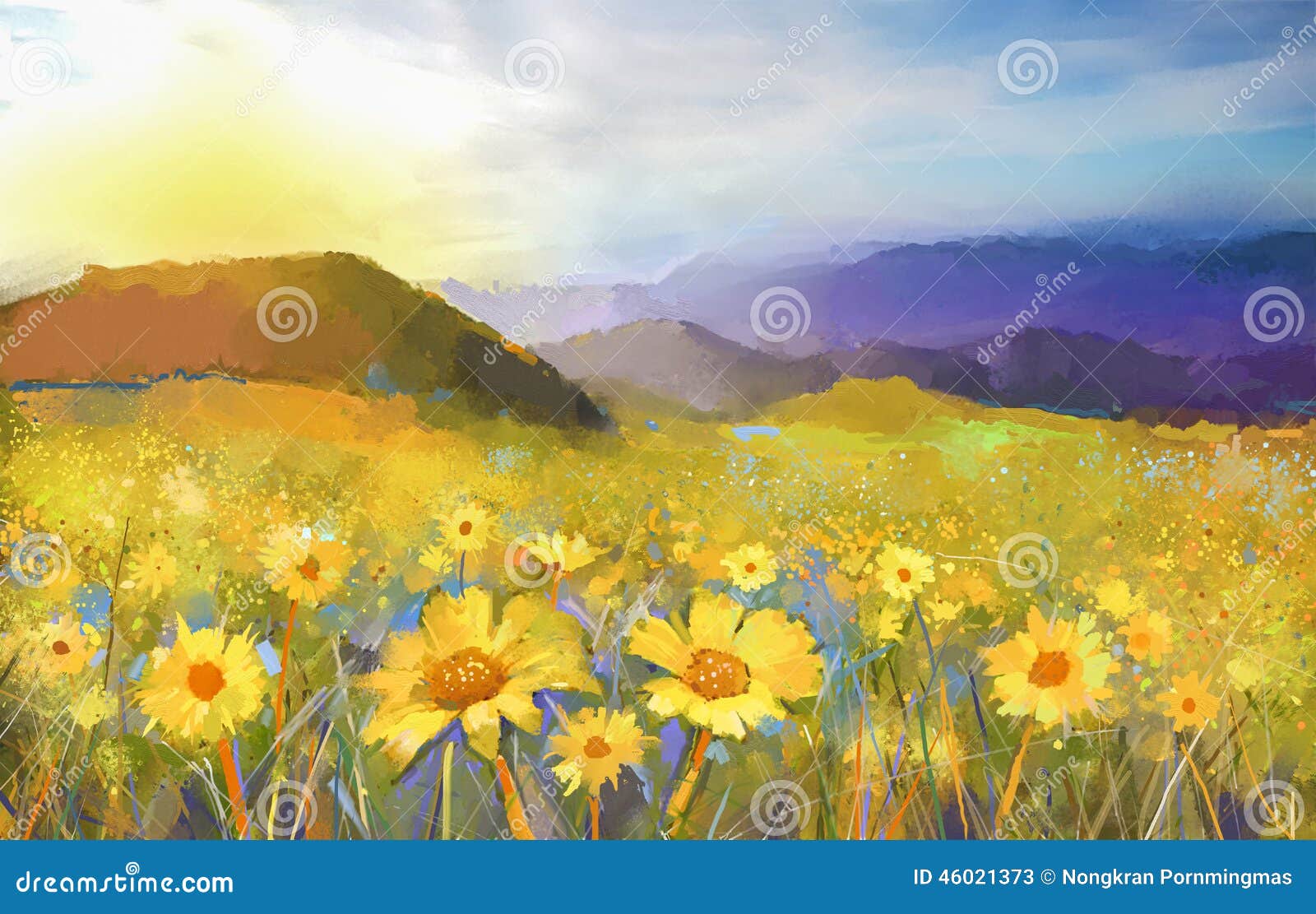 daisy flower blossom. oil painting of a rural sunset landscape with a golden daisy field.