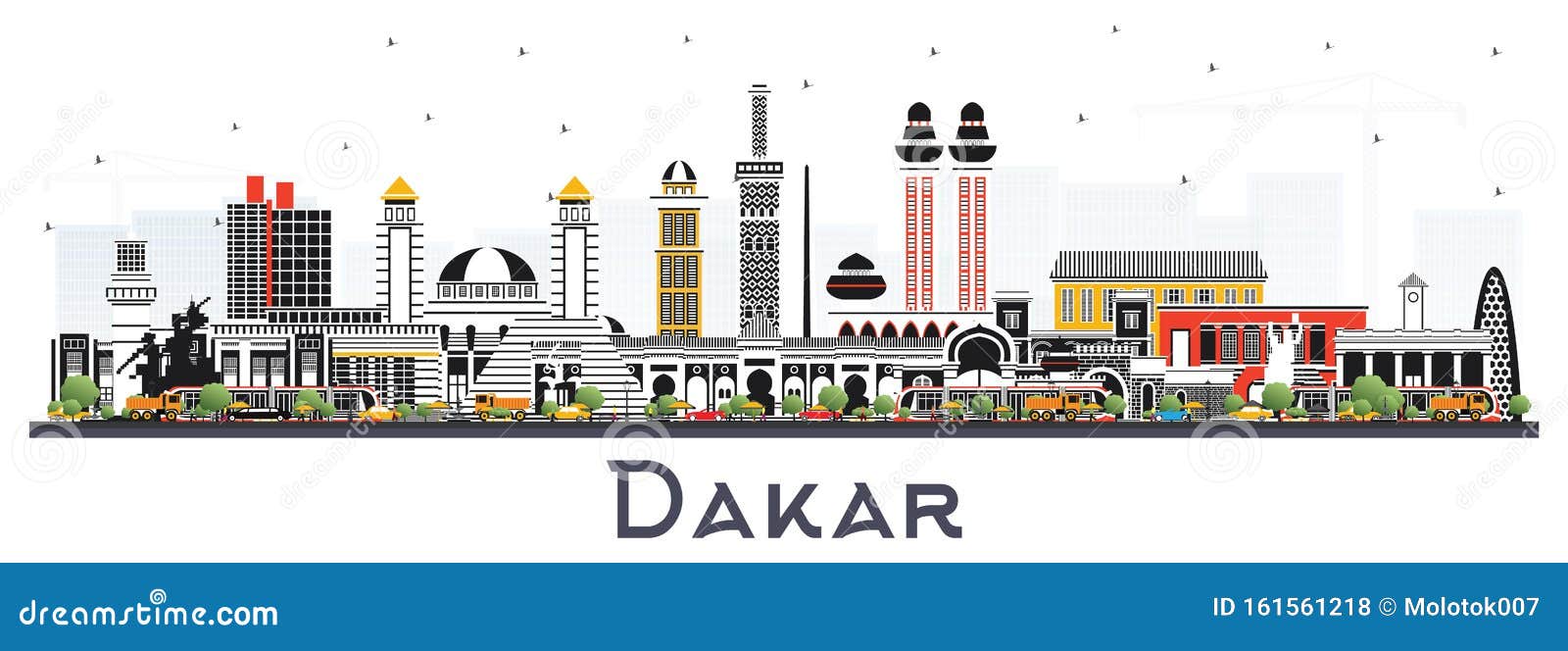 dakar senegal city skyline with color buildings  on white