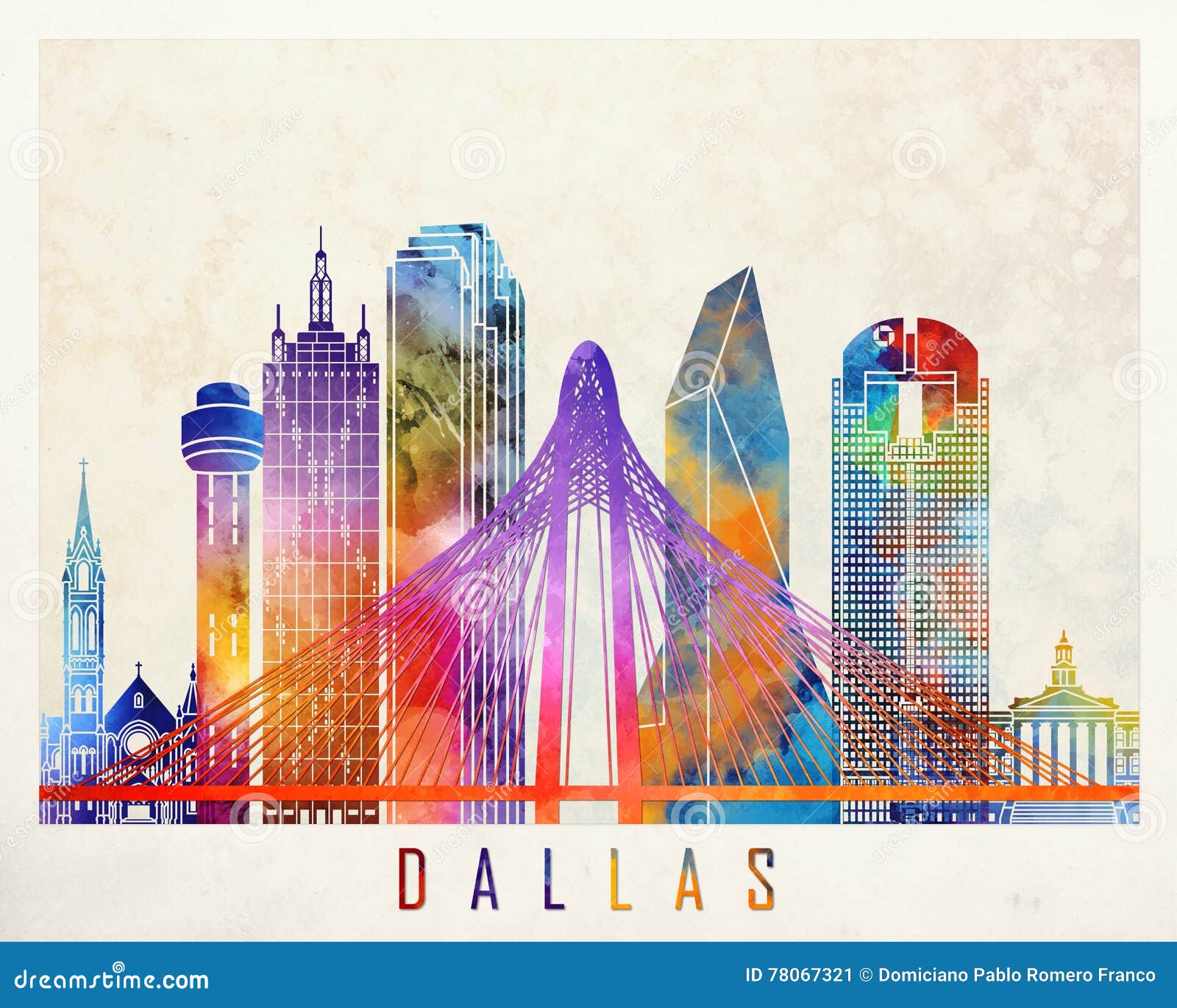 Dallas Landmarks Watercolor Poster Stock Illustration Illustration of