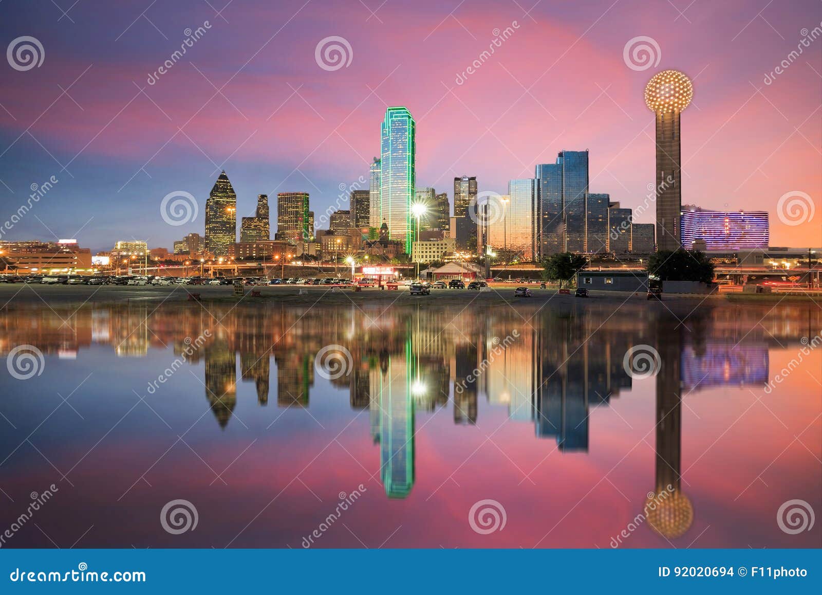 Dallas Skyline Reflected in Trinity River at Sunset Stock Photo Image